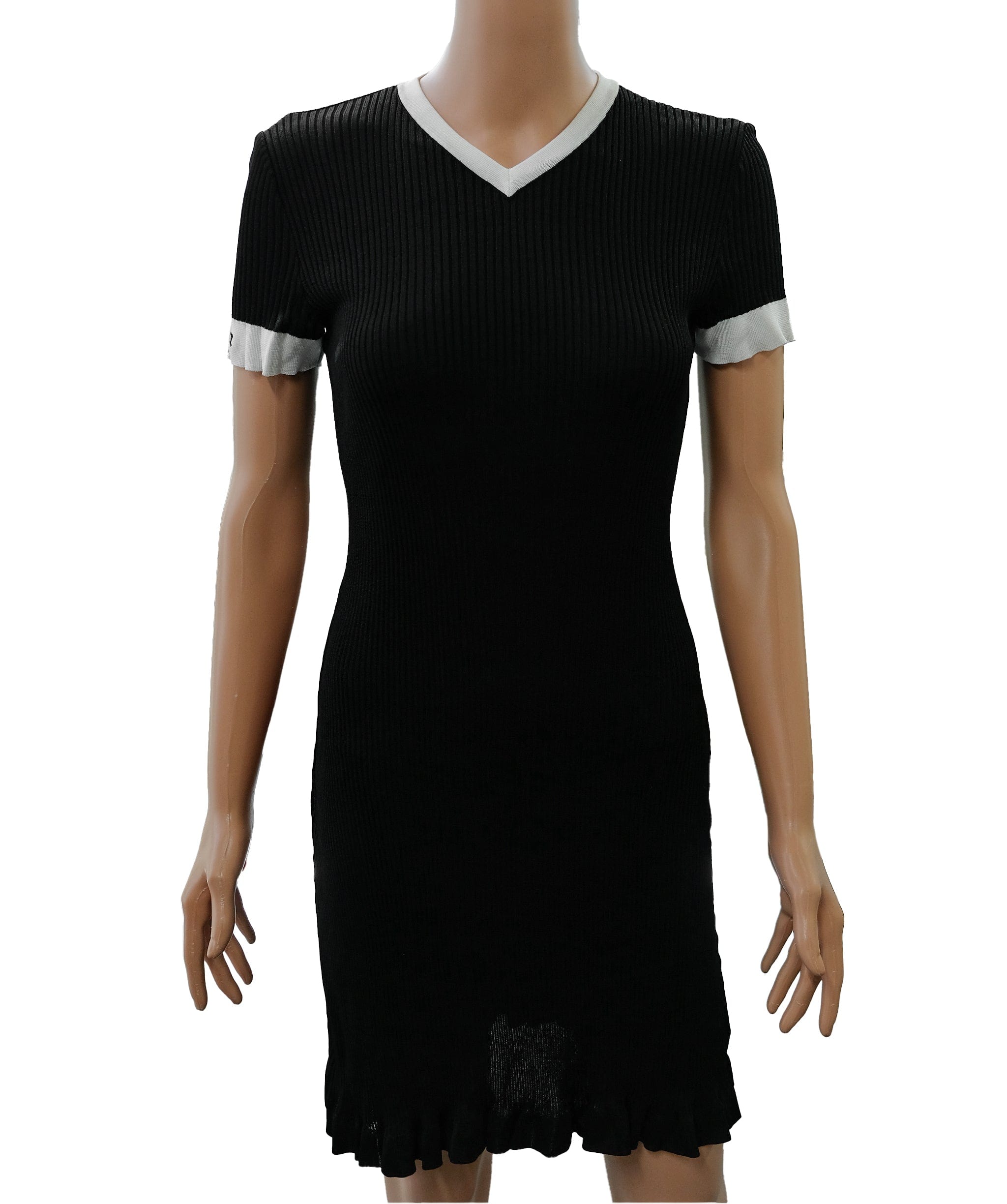 Chanel Chanel CC Sleeve Ribbed Dress Black White #42 ASL10426