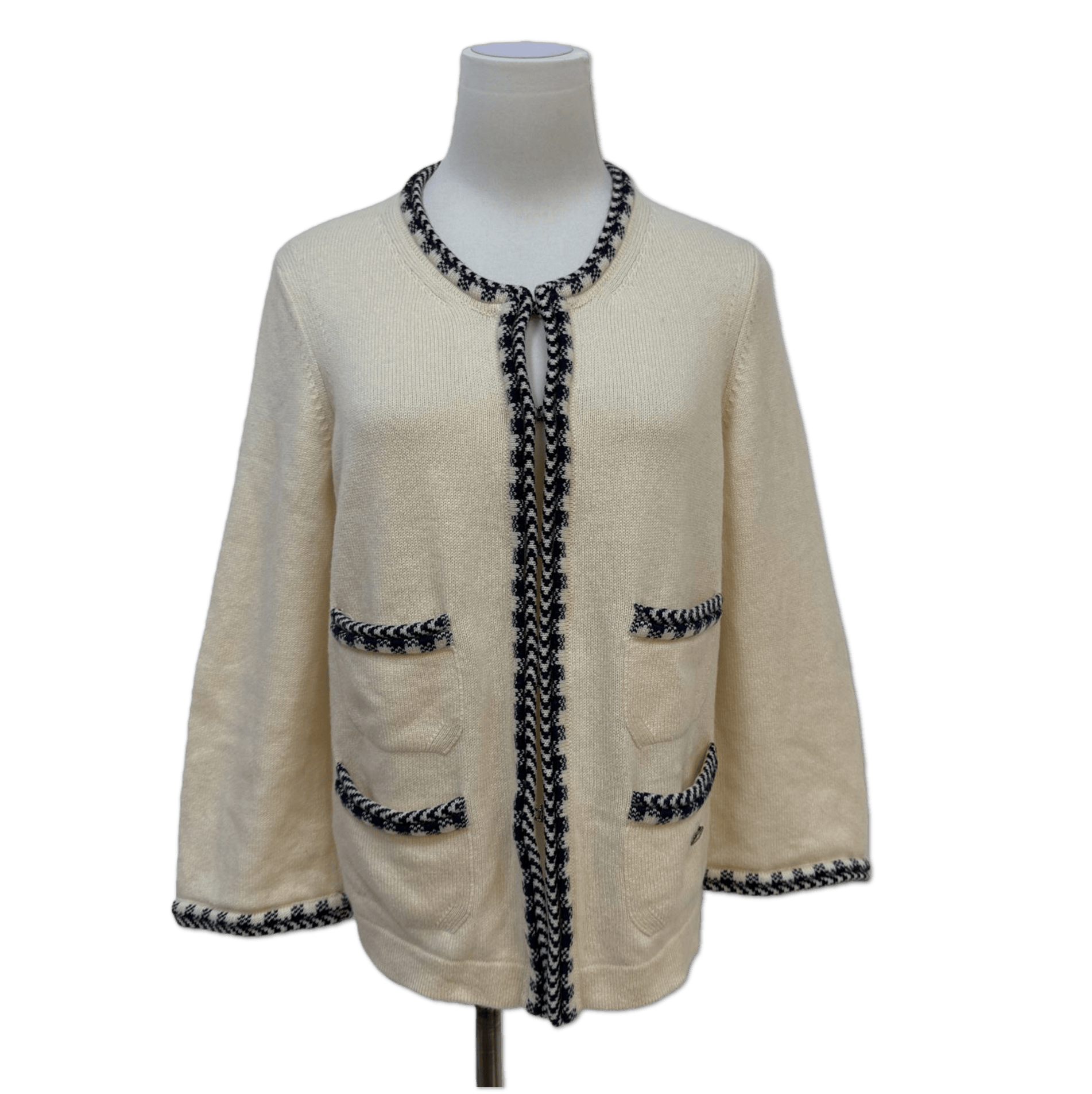 Chanel Chanel Cream Houndstooth-Trim Open-Front Knit Cardigan Jacket size 38 HZ1175523382