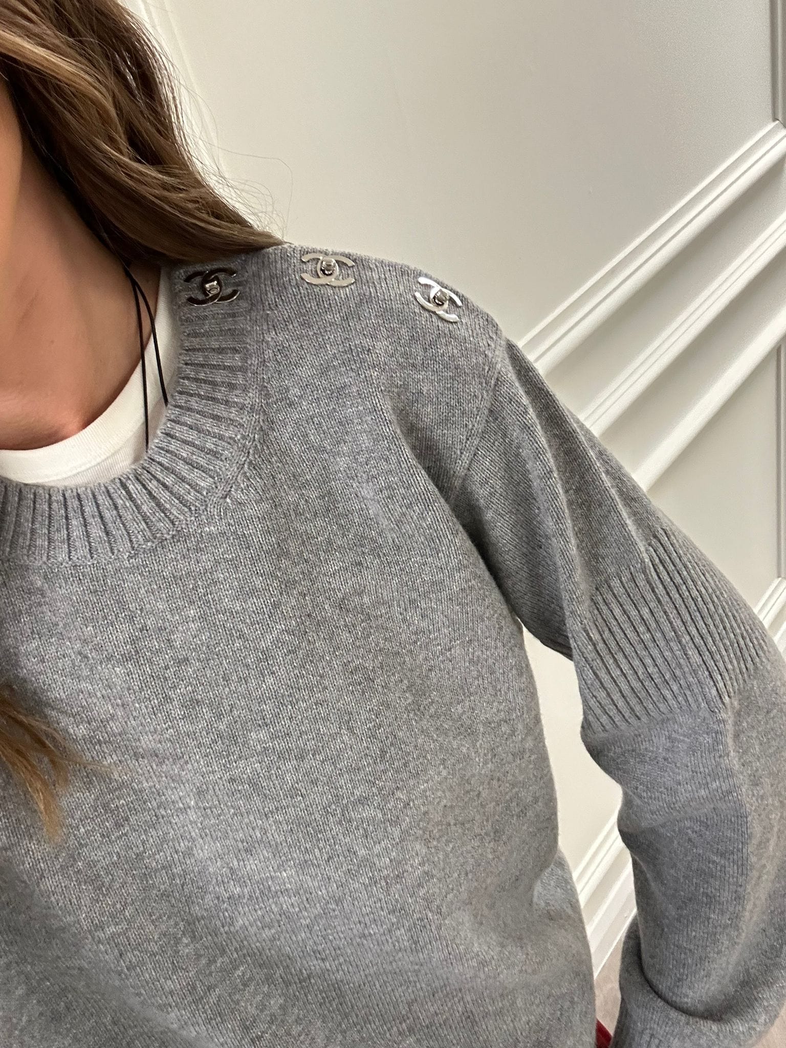 Chanel Chanel Grey Cashmere Top with CC Turnlock PHW ASC5362