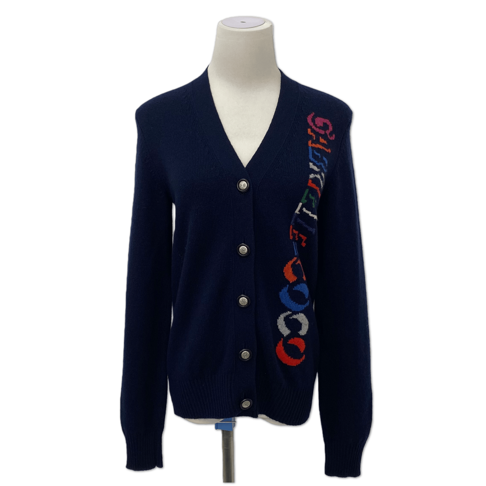Chanel Chanel Navy Intarsia Logo V-Neck Cardigan size 34 C17947625210