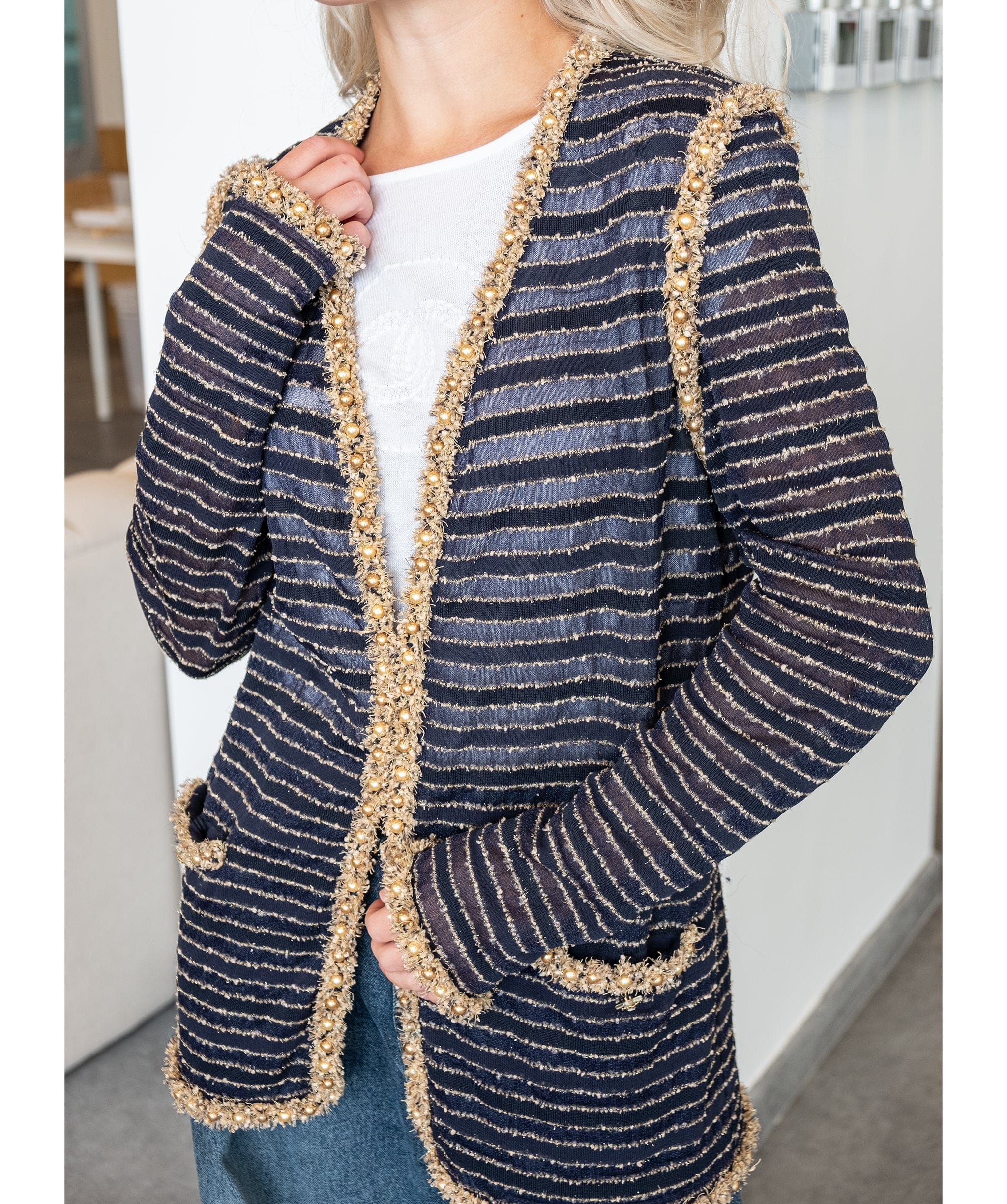 Chanel Chanel Stripe Cardigan with Gold Embellished Detailing - RJC3139