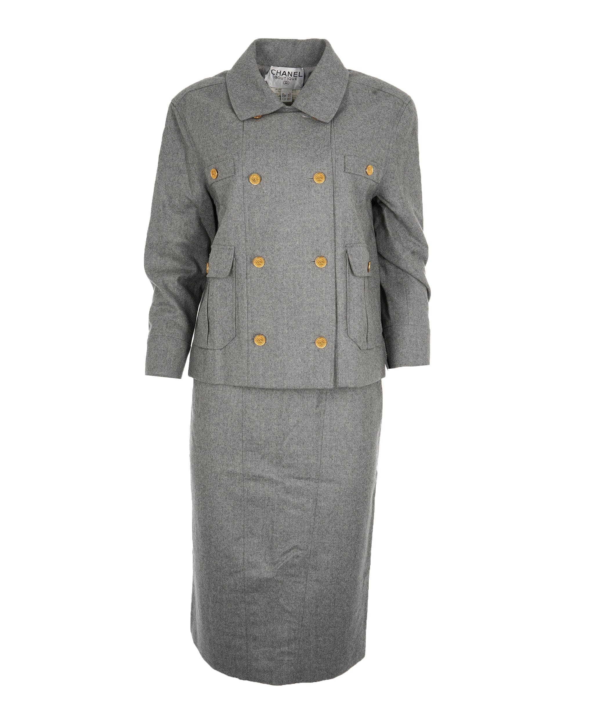 Chanel CHANEL Vintage 100% Wool Double Breasted Jacket & Skirt Suit Gray Size 36/38 #13522 AJCSC1304