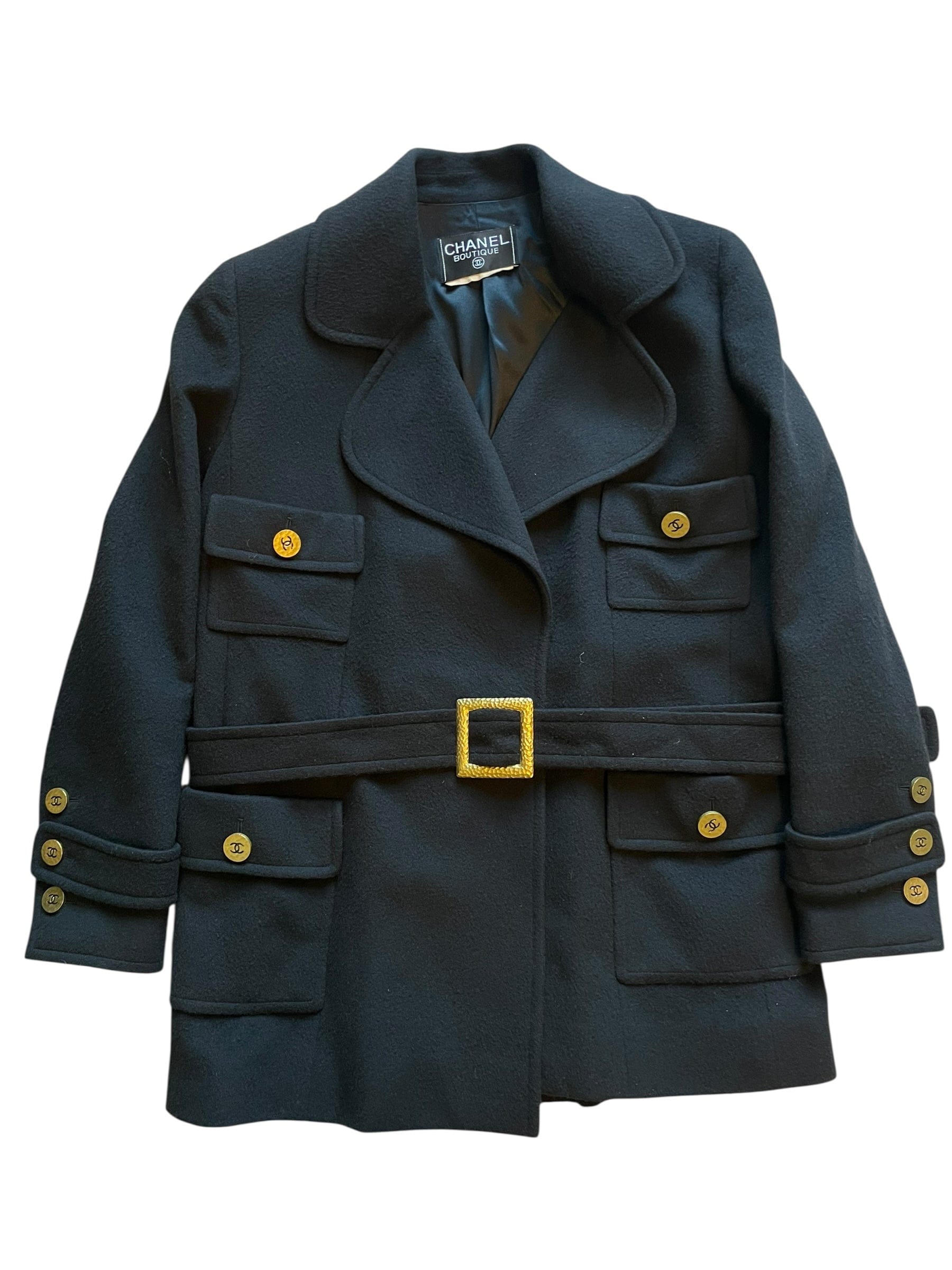 Chanel Chanel Vintage 94A Logo Belted Cashmere Coat Black/Gold DXBK0548