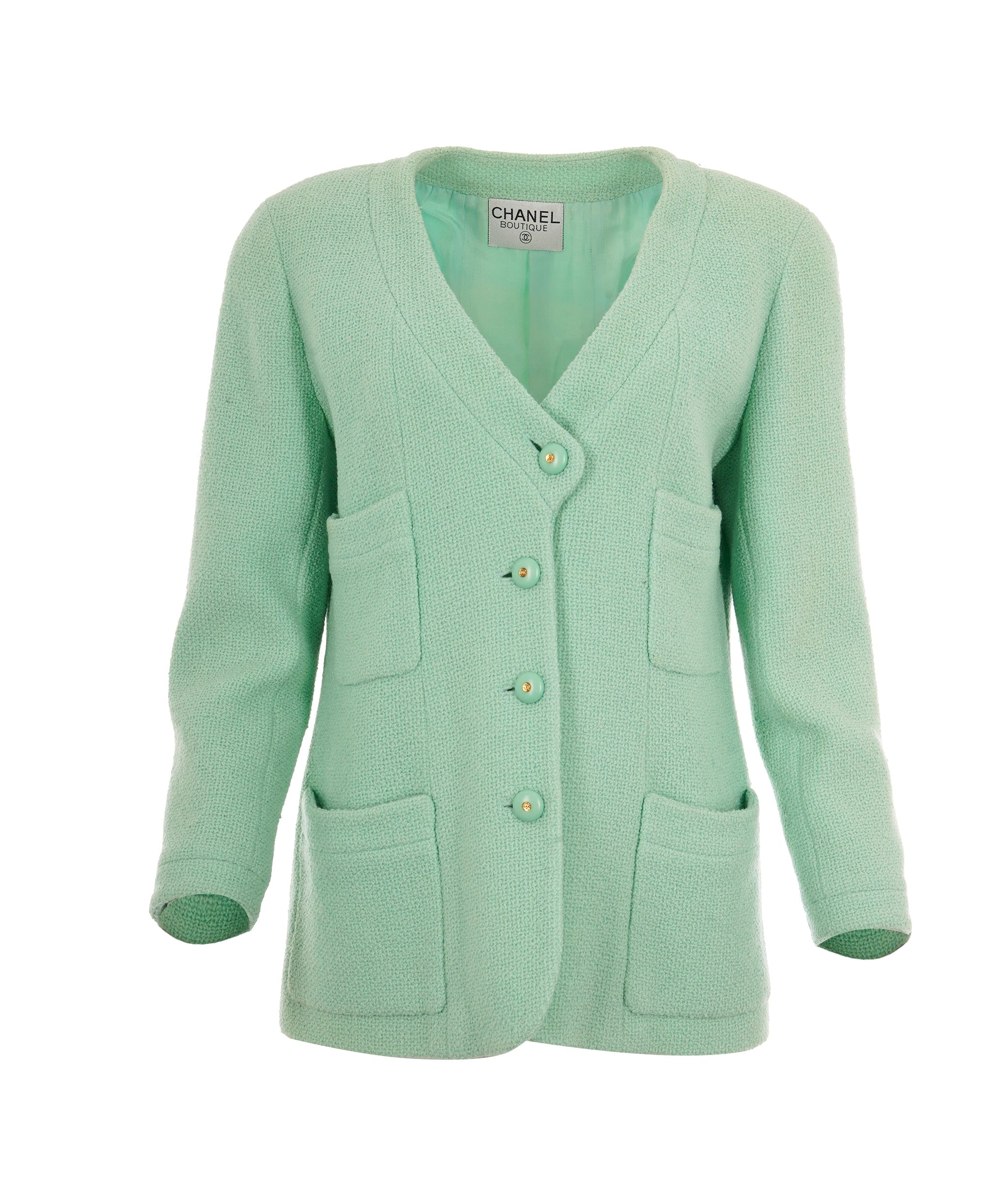 Chanel Chanel Vintage Mint Green V-Neck CC Boucle Jacket ALC1830