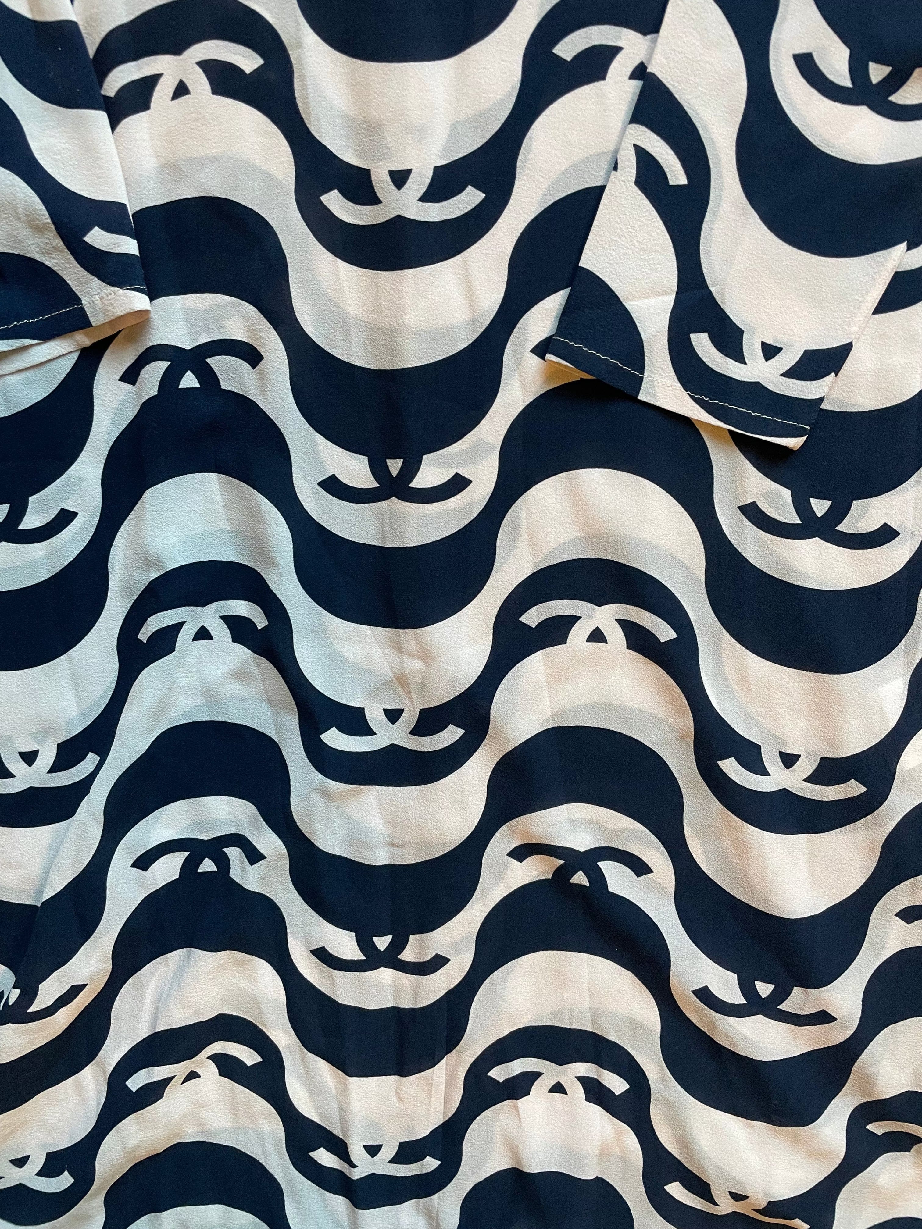 Chanel RARE 2021P Chanel Wave Print Silk Dress Sz 42 DXBK0556