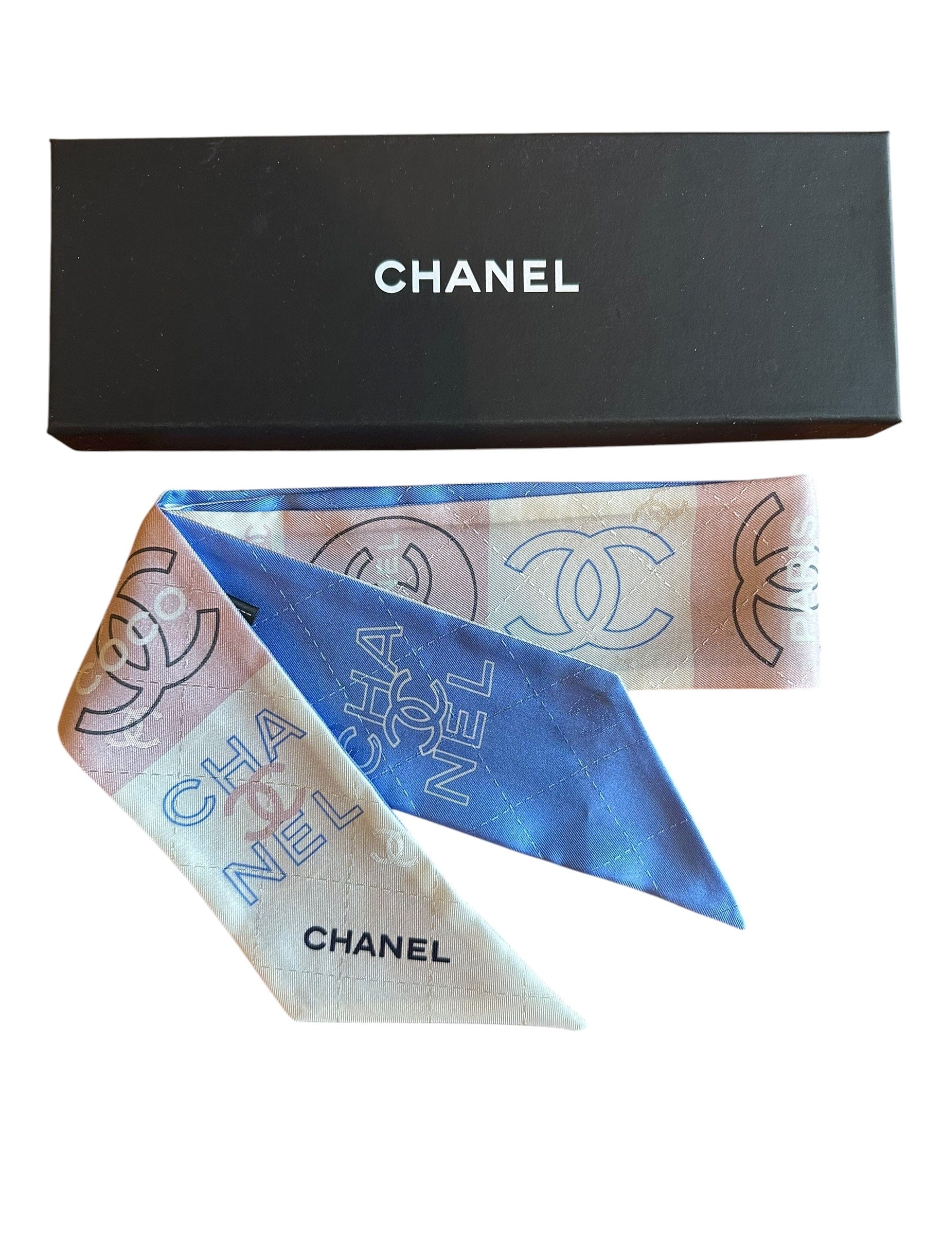 Chanel Chanel Blue, Pink & White Logo Long Twilly - In Box