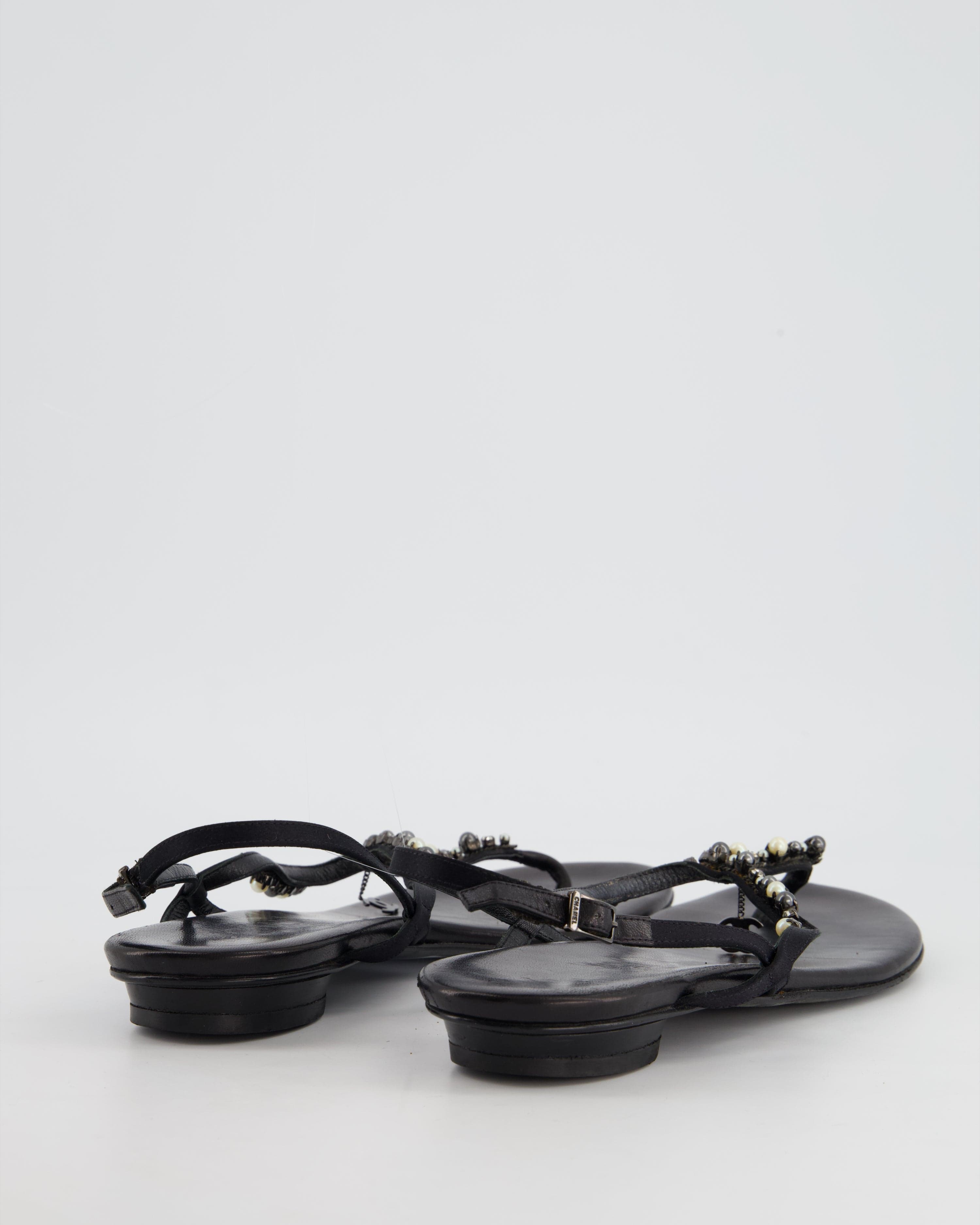 CHANEL Chanel Black Embellished Leather Ankle Strap Sandals with CC Charm Detail Size EU 41