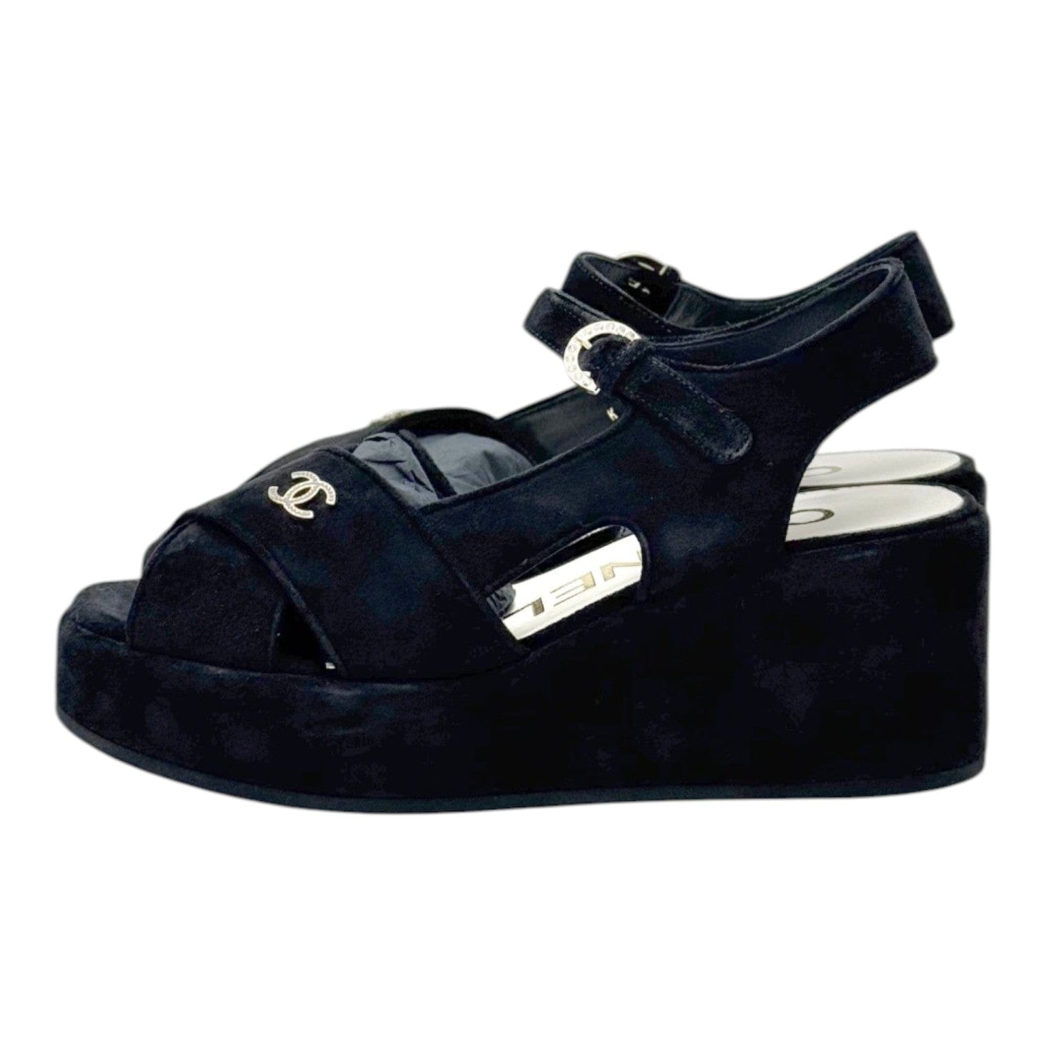 Chanel Chanel Black Suede Peep Toe Wedge Sandal - Size 39