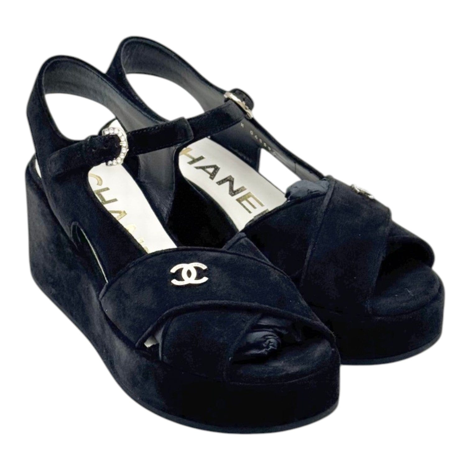 Chanel Chanel Black Suede Peep Toe Wedge Sandal - Size 39
