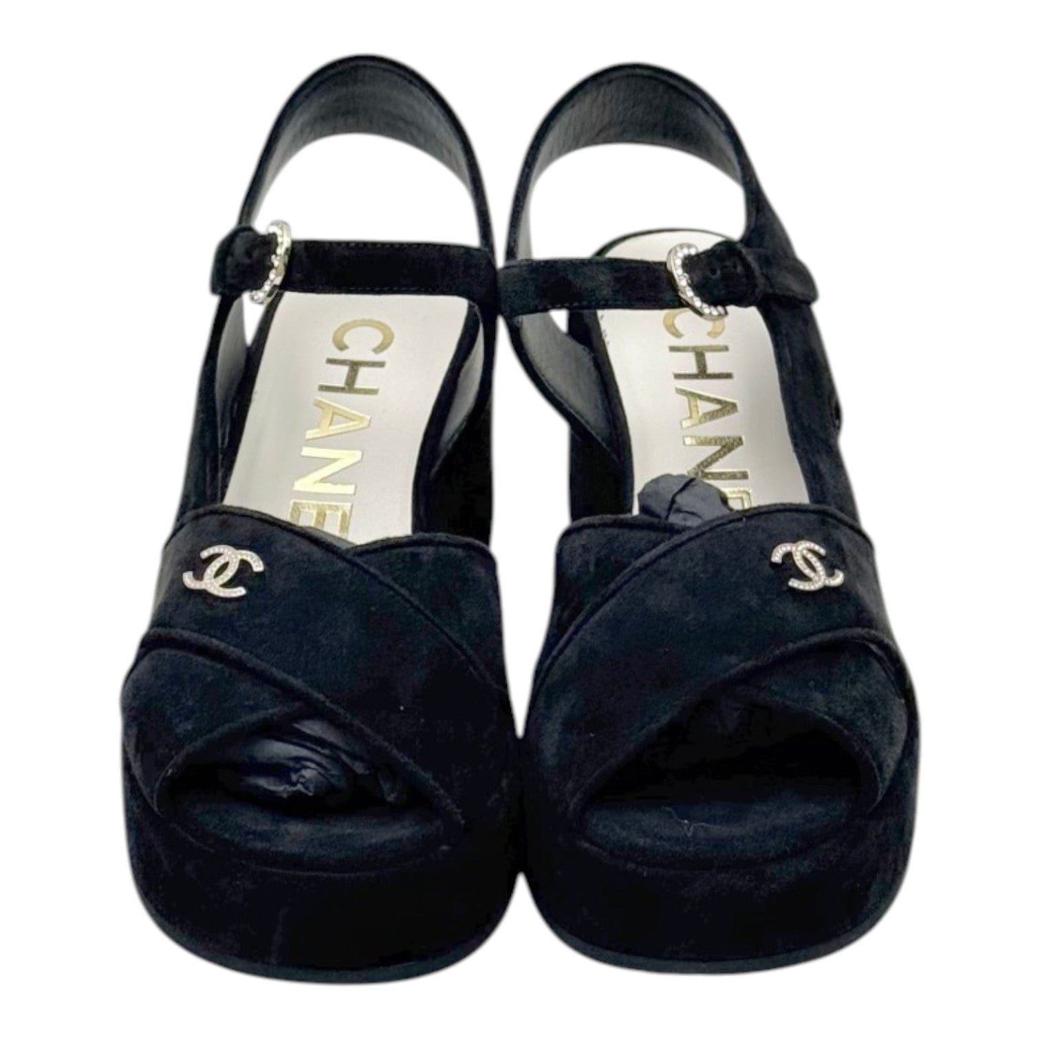 Chanel Chanel Black Suede Peep Toe Wedge Sandal - Size 39