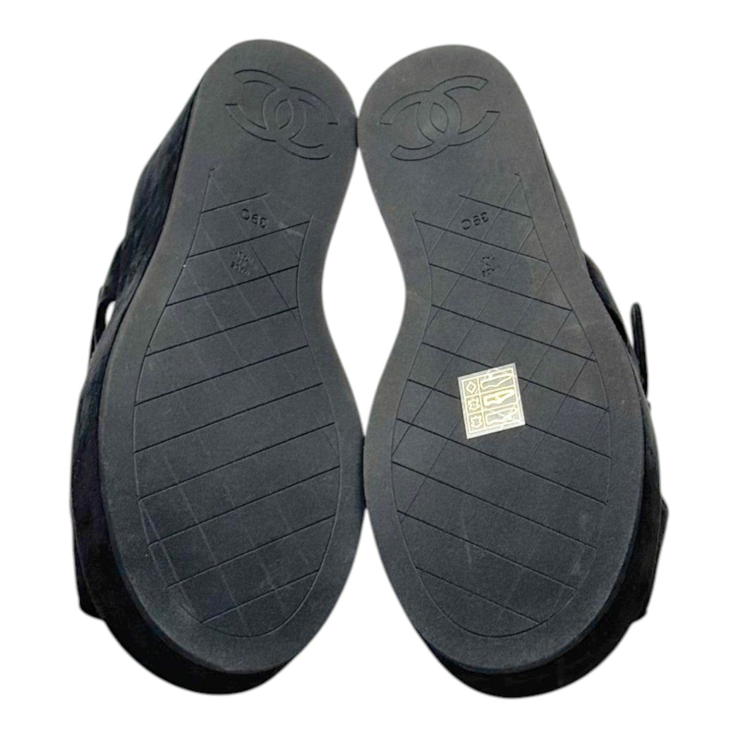 Chanel Chanel Black Suede Peep Toe Wedge Sandal - Size 39