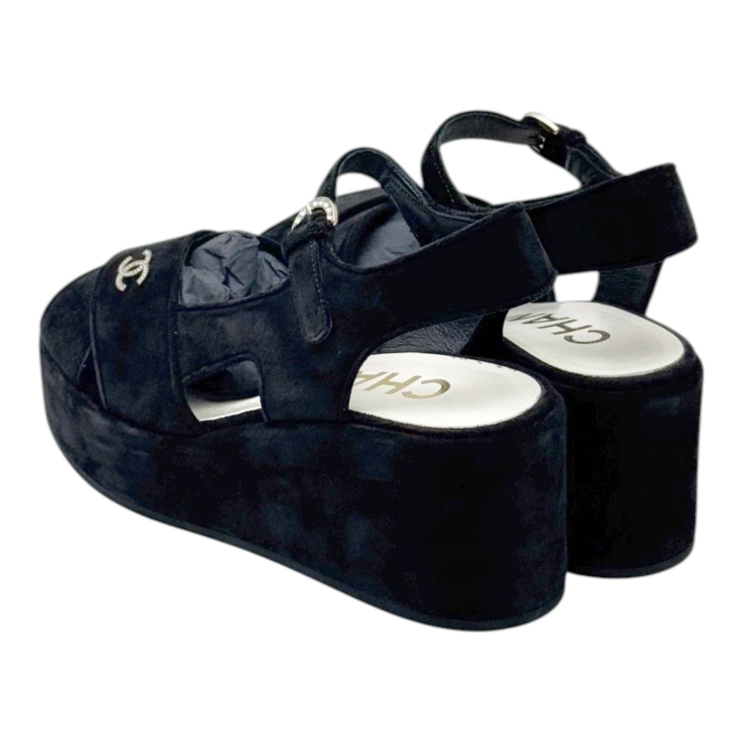 Chanel Chanel Black Suede Peep Toe Wedge Sandal - Size 39