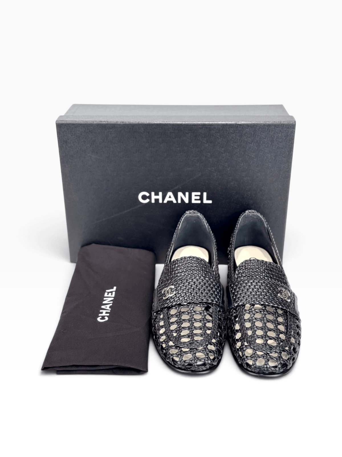 Chanel Chanel Shiny Braided Loafers Black #37.5