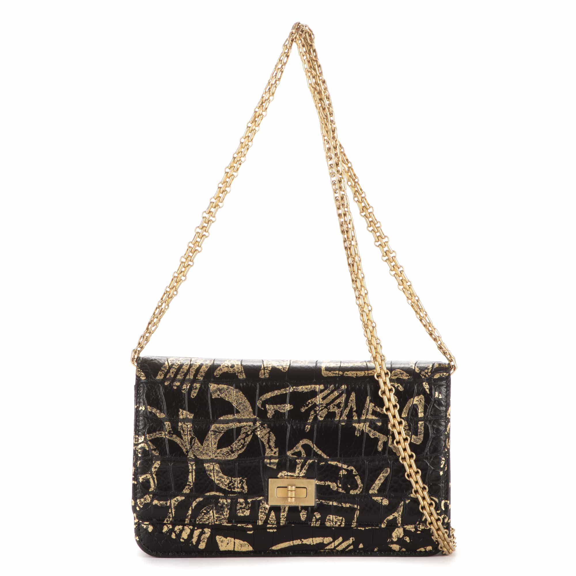 Chanel Chanel Black Calf Leather 2.55 Graffiti Crocodile Reissue Wallet On Chain OAG7268