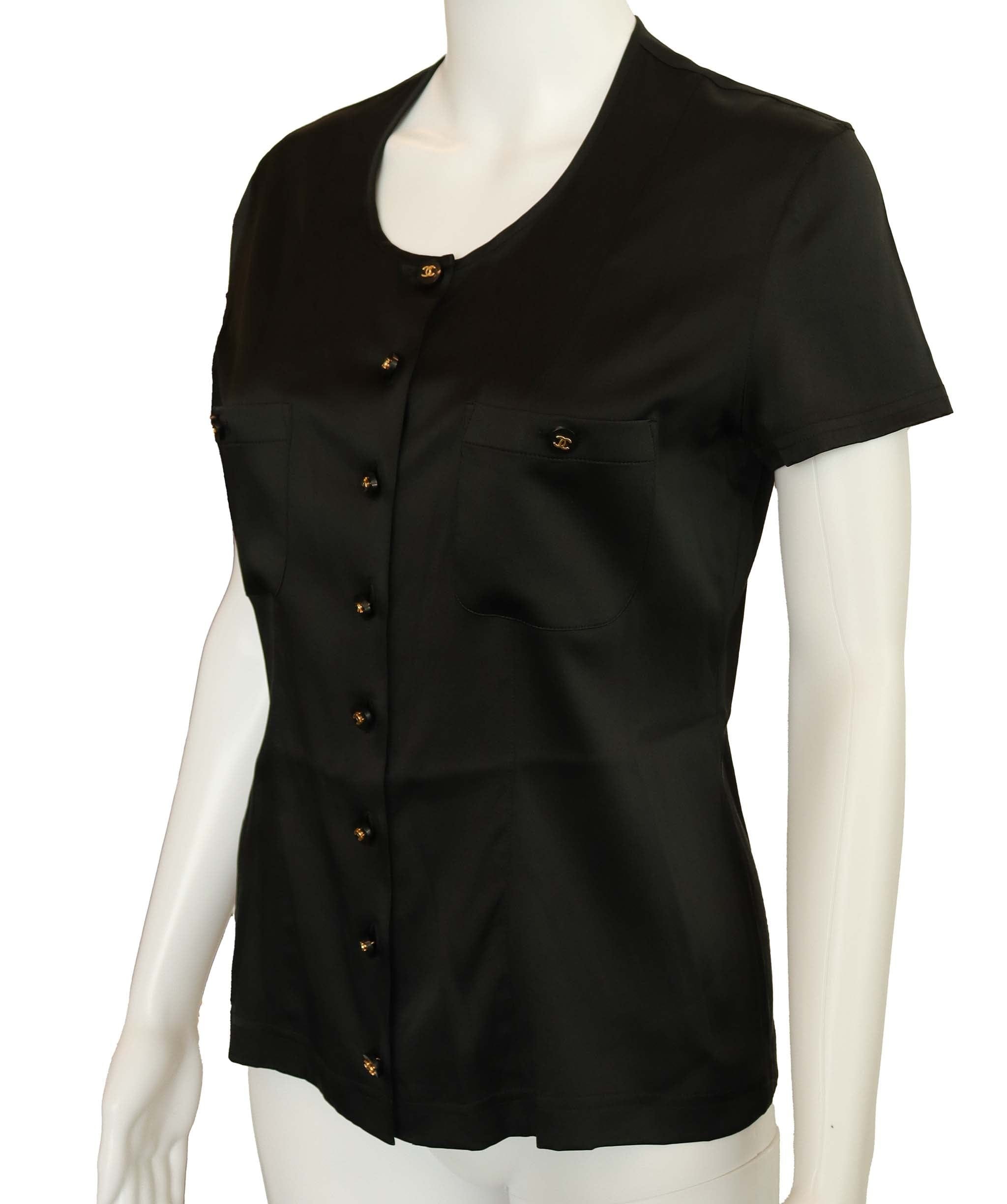 Chanel Silk Short Sleeve Tshirt Blouse Black Button Chanel Silk Short Sleeve Tshirt Blouse Black Button