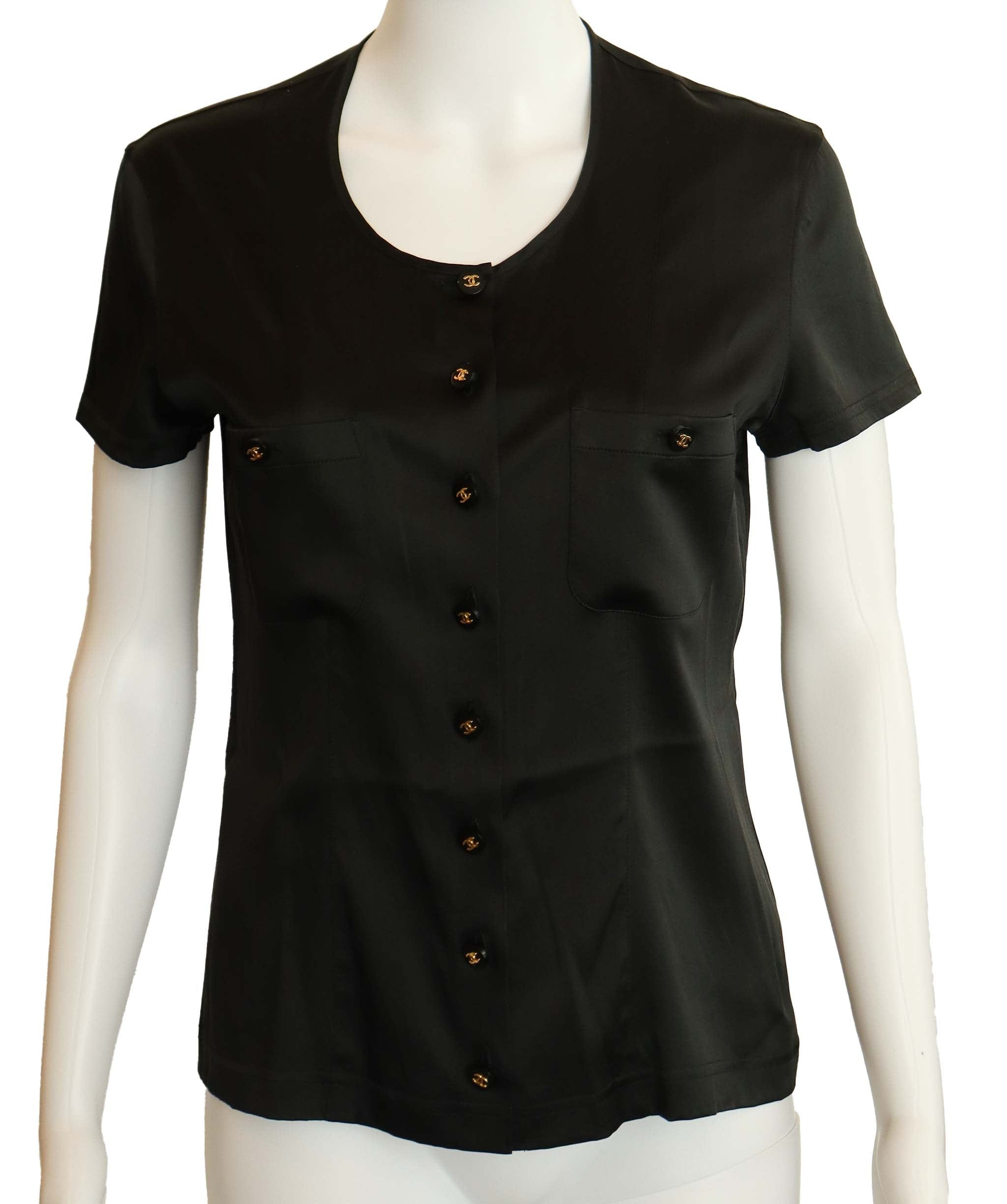 Chanel Silk Short Sleeve Tshirt Blouse Black Button Chanel Silk Short Sleeve Tshirt Blouse Black Button