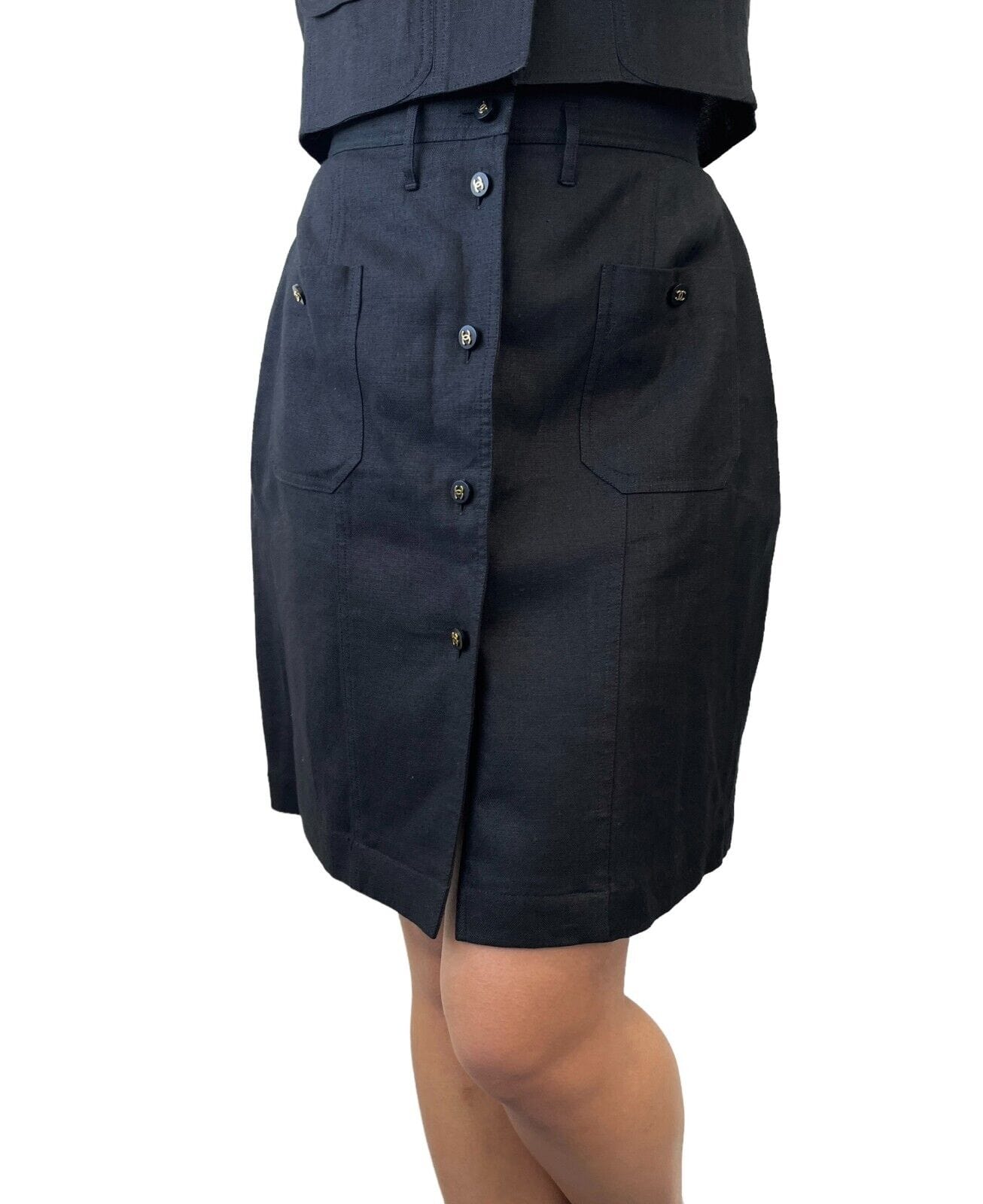 CHANEL Vintage 97P CC Button Linen Shirt Jacket Skirt Set CHANEL Vintage 97P CC Button Linen Shirt Jacket Skirt Set