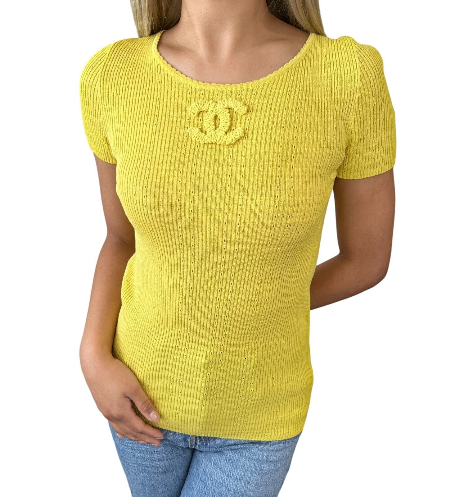 CHANEL CHANEL 09P Vintage CC Logo Summer Knit Top #34 Yellow Cotton