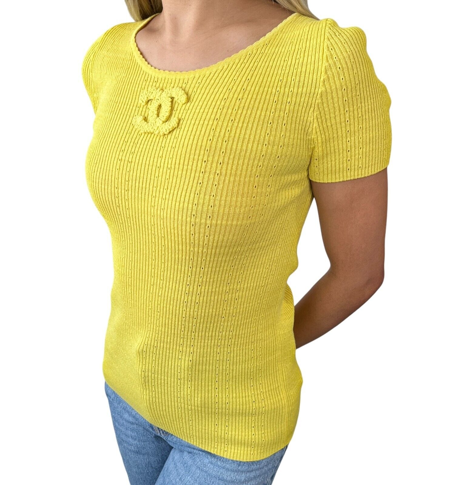 CHANEL CHANEL 09P Vintage CC Logo Summer Knit Top #34 Yellow Cotton