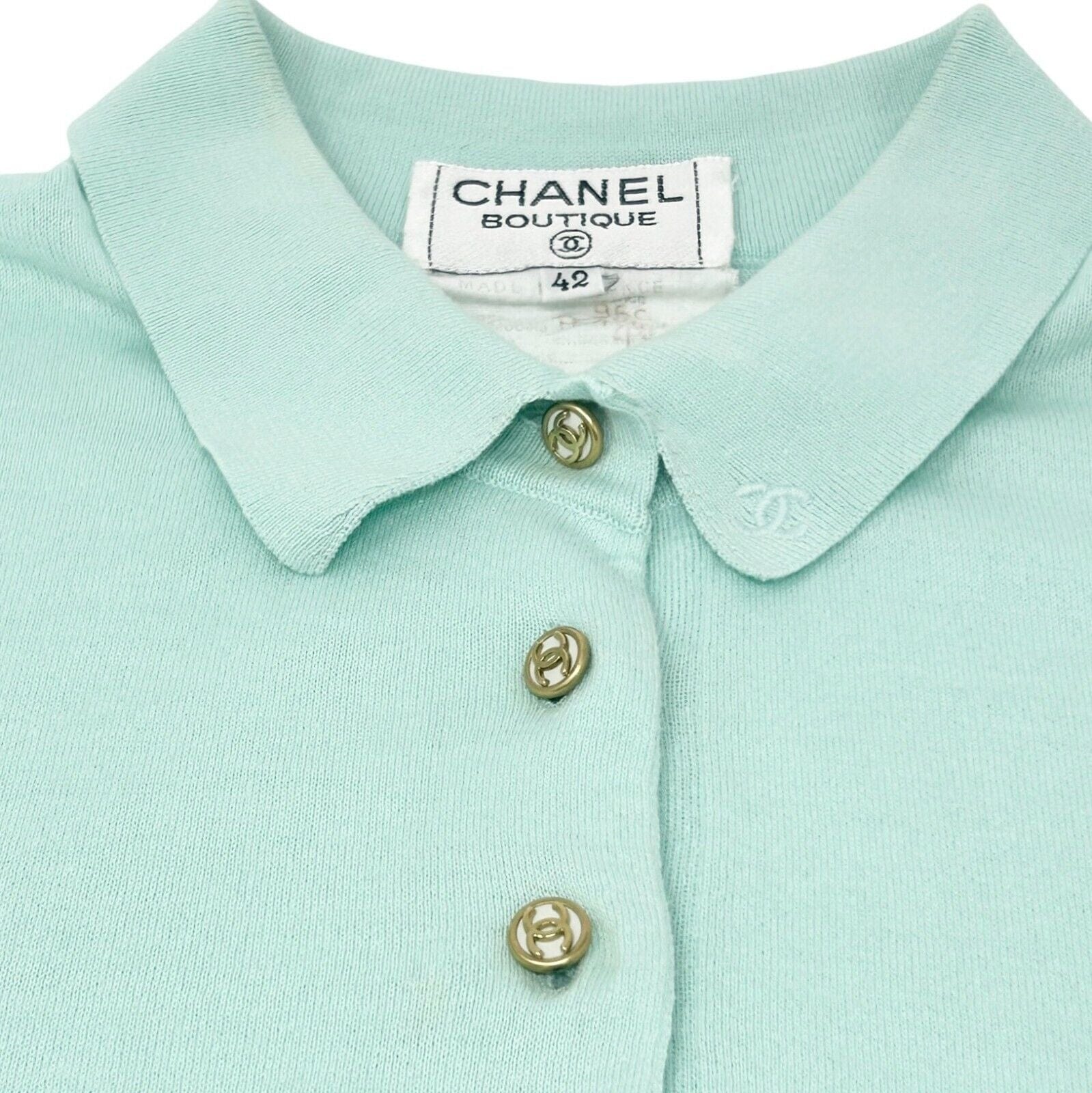 CHANEL CHANEL Vintage 95C CC Logo Polo T-shirt Top #42 Green Gold Cotton