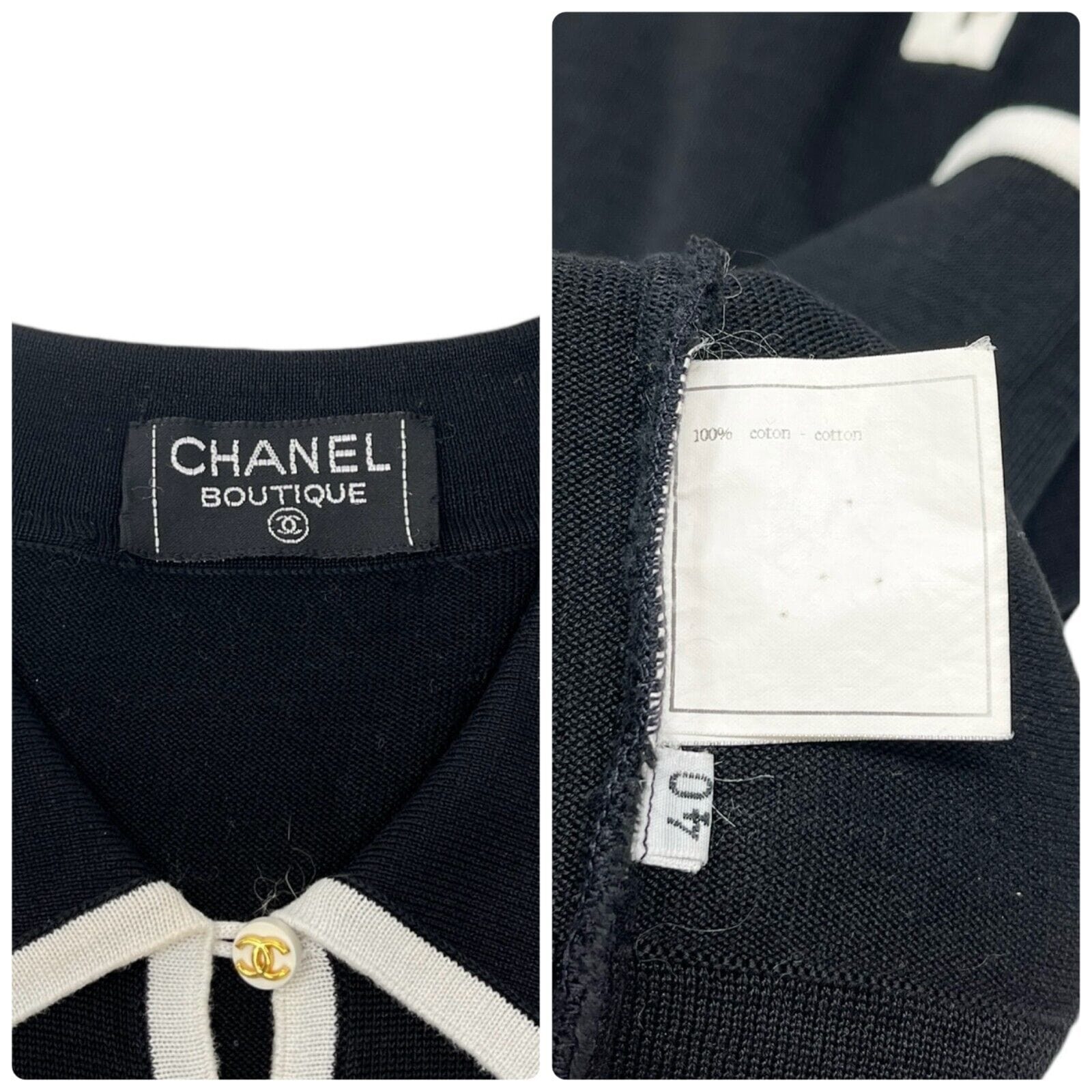 CHANEL CHANEL Vintage CC Mark Logo Knit Polo Top #40 Button Black White Cotton