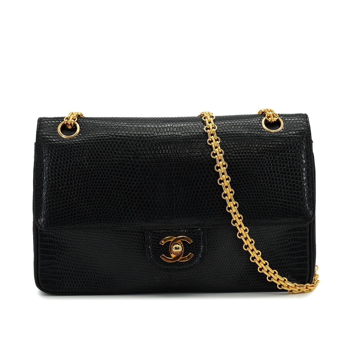 CHANEL VINTAGE CHANEL CHAIN SHOULDER BAG BLACK LIZARD GOLD HARDWARE 90313859