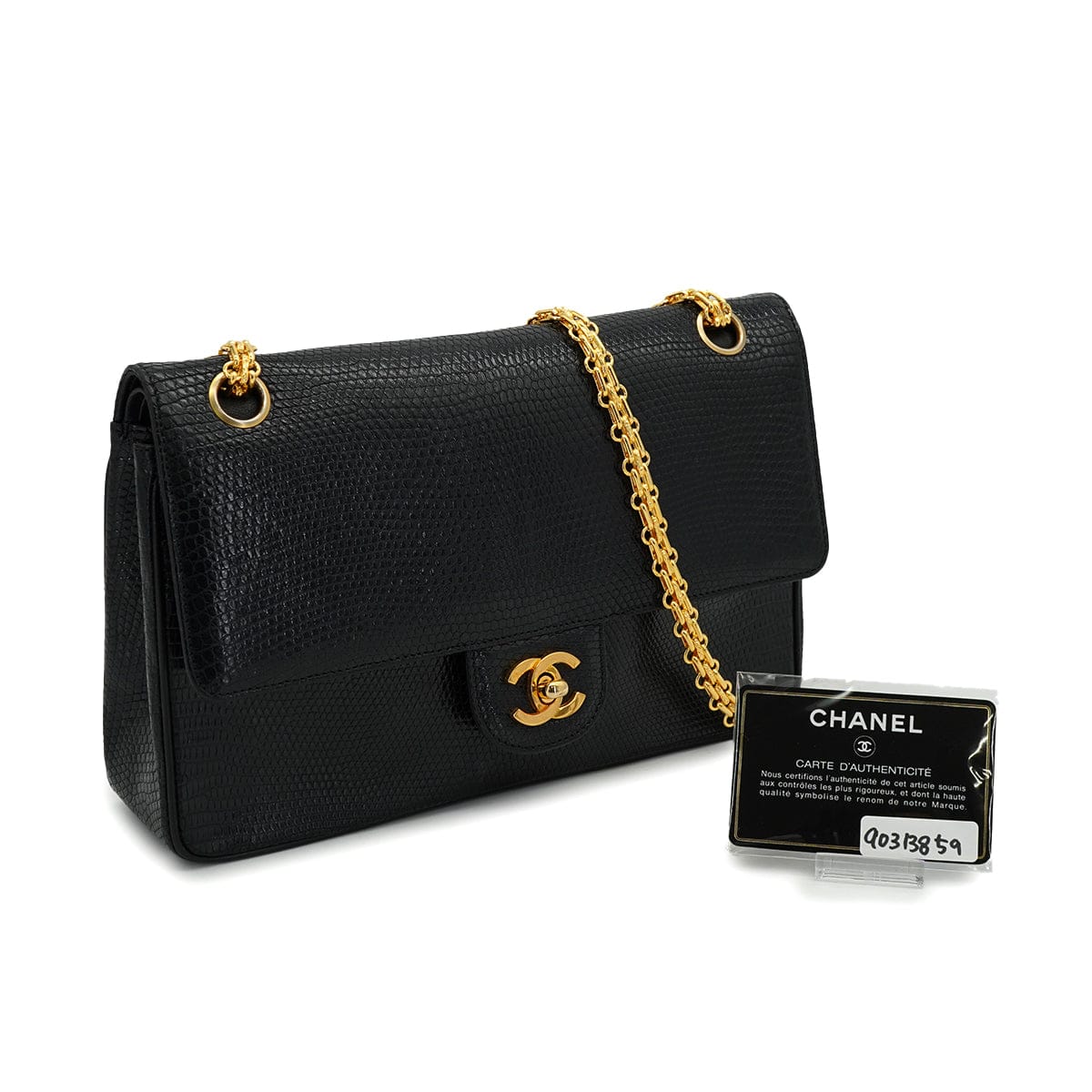 CHANEL VINTAGE CHANEL CHAIN SHOULDER BAG BLACK LIZARD GOLD HARDWARE 90313859
