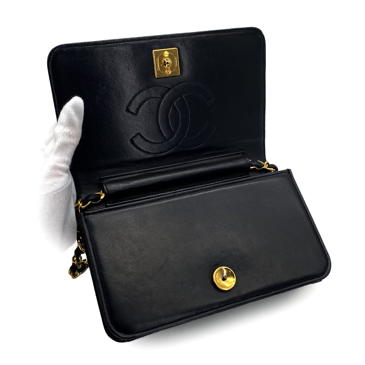 CHANEL VINTAGE CHANEL CHAIN SHOULDER BAG BLACK LIZARD GOLD HARDWARE 90325633