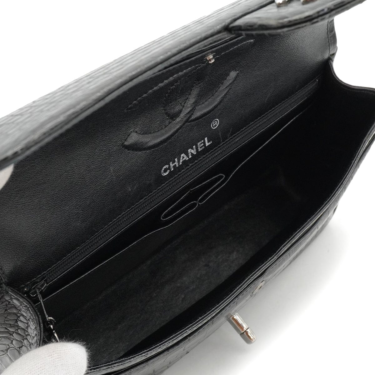 VINTAGE CHANEL CLASSIC FLAP MEDIUM CHAIN SHOULDER BAG BLACK CROCODILE SILVER HARDWARE 90340464