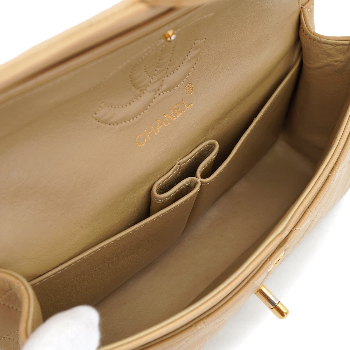 CHANEL VINTAGE CHANEL CLASSIC FLAP SMALL CHAIN SHOULDER BAG BEIGE LAMB SKIN GOLD HARDWARE 90315882