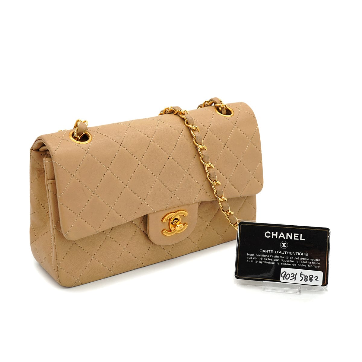 CHANEL VINTAGE CHANEL CLASSIC FLAP SMALL CHAIN SHOULDER BAG BEIGE LAMB SKIN GOLD HARDWARE 90315882