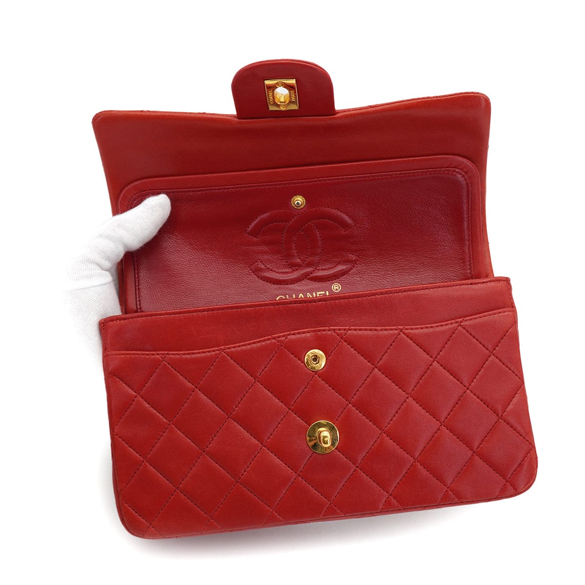 CHANEL VINTAGE CHANEL CLASSIC FLAP SMALL CHAIN SHOULDER BAG RED LAMB SKIN GOLD HARDWARE 90321017