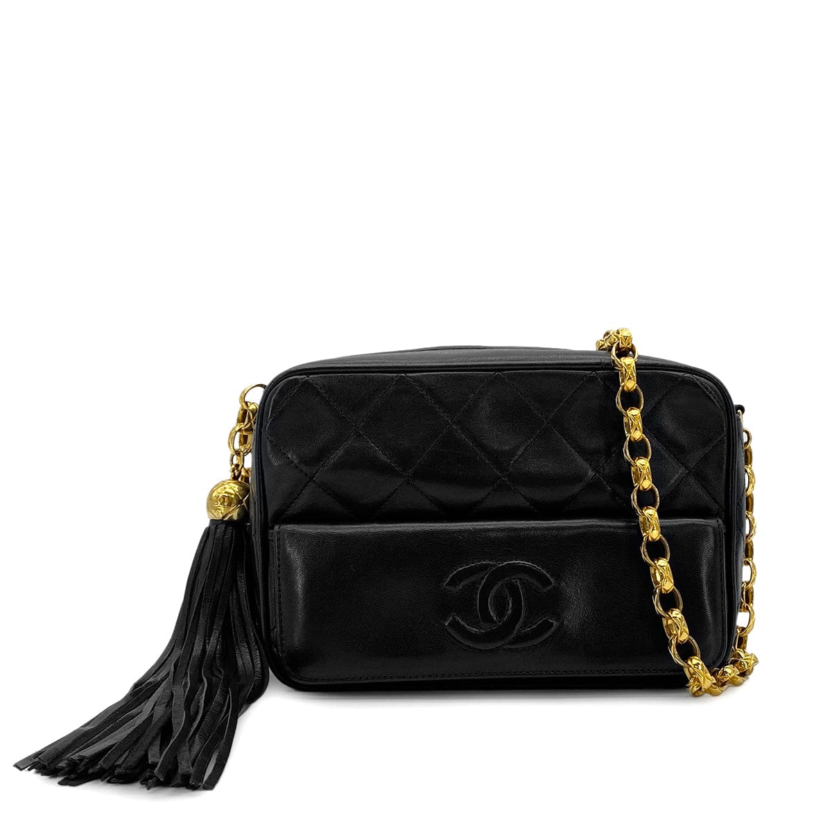 CHANEL VINTAGE CHANEL COCO BALL MATELASSE BIJOU CHAIN SHOULDER BAG FRINGE BLACK LAMB SKIN GOLD HARDWARE 90310300