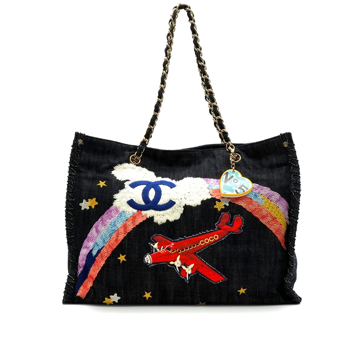 CHANEL VINTAGE CHANEL COCO NIGHT FIGHT CHAIN TOTE BAG BLUE DENIM GOLD HARDWARE 90339647