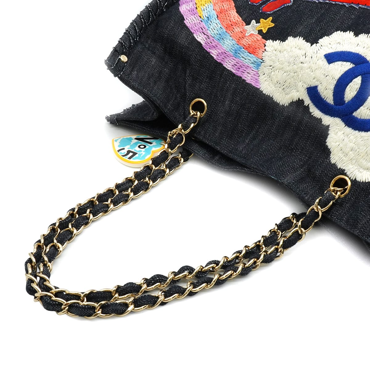 CHANEL VINTAGE CHANEL COCO NIGHT FIGHT CHAIN TOTE BAG BLUE DENIM GOLD HARDWARE 90339647