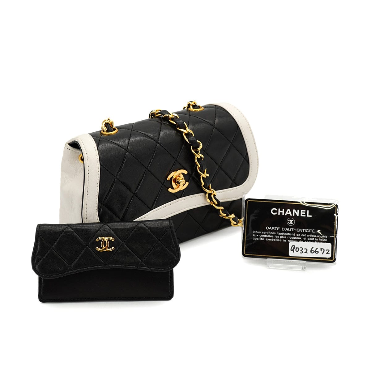 CHANEL VINTAGE CHANEL MATELASSE CHAIN SHOULDER BAG BLACK WHITE LAMB SKIN GOLD HARDWARE 90326672