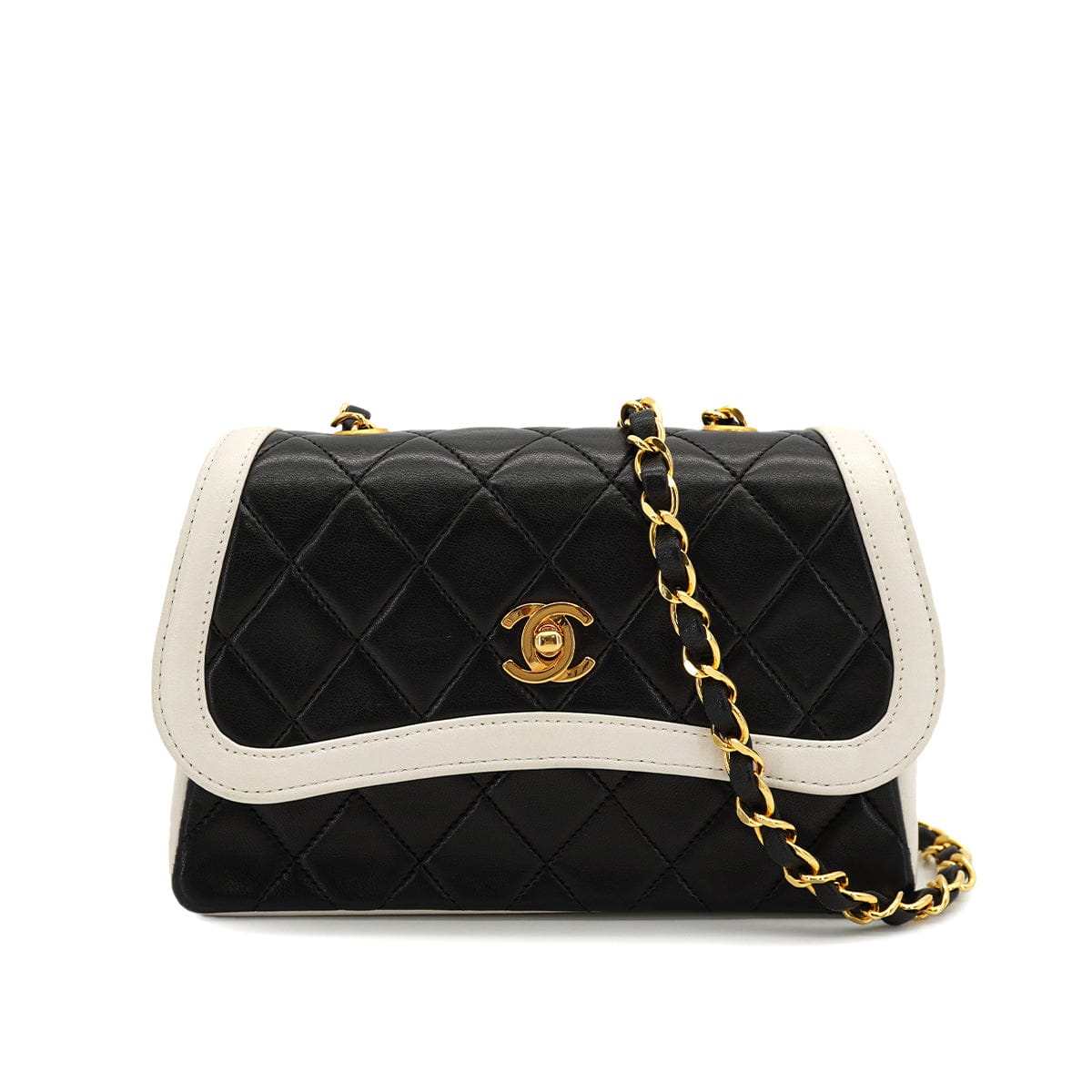 CHANEL VINTAGE CHANEL MATELASSE CHAIN SHOULDER BAG BLACK WHITE LAMB SKIN GOLD HARDWARE 90326672