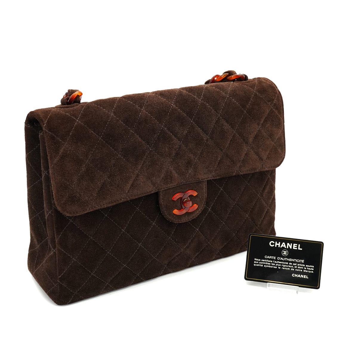 CHANEL VINTAGE CHANEL MATELASSE PLASTIC CHAIN HAND BAG BROWN SUEDE GOLD HARDWARE 90326855