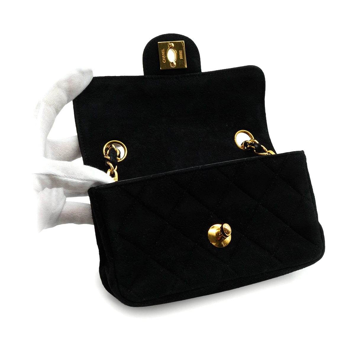 CHANEL VINTAGE CHANEL MINI MATELASSE CHAIN SHOULDER BAG BLACK SUEDE GOLD HARDWARE 90340486