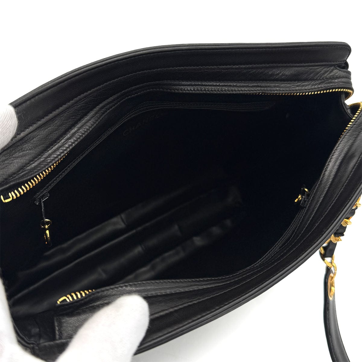 CHANEL VINTAGE CHANEL TRIPLE COCO CHAIN SHOULDER BAG BLACK LAMB SKIN GOLD HARDWARE 90324756