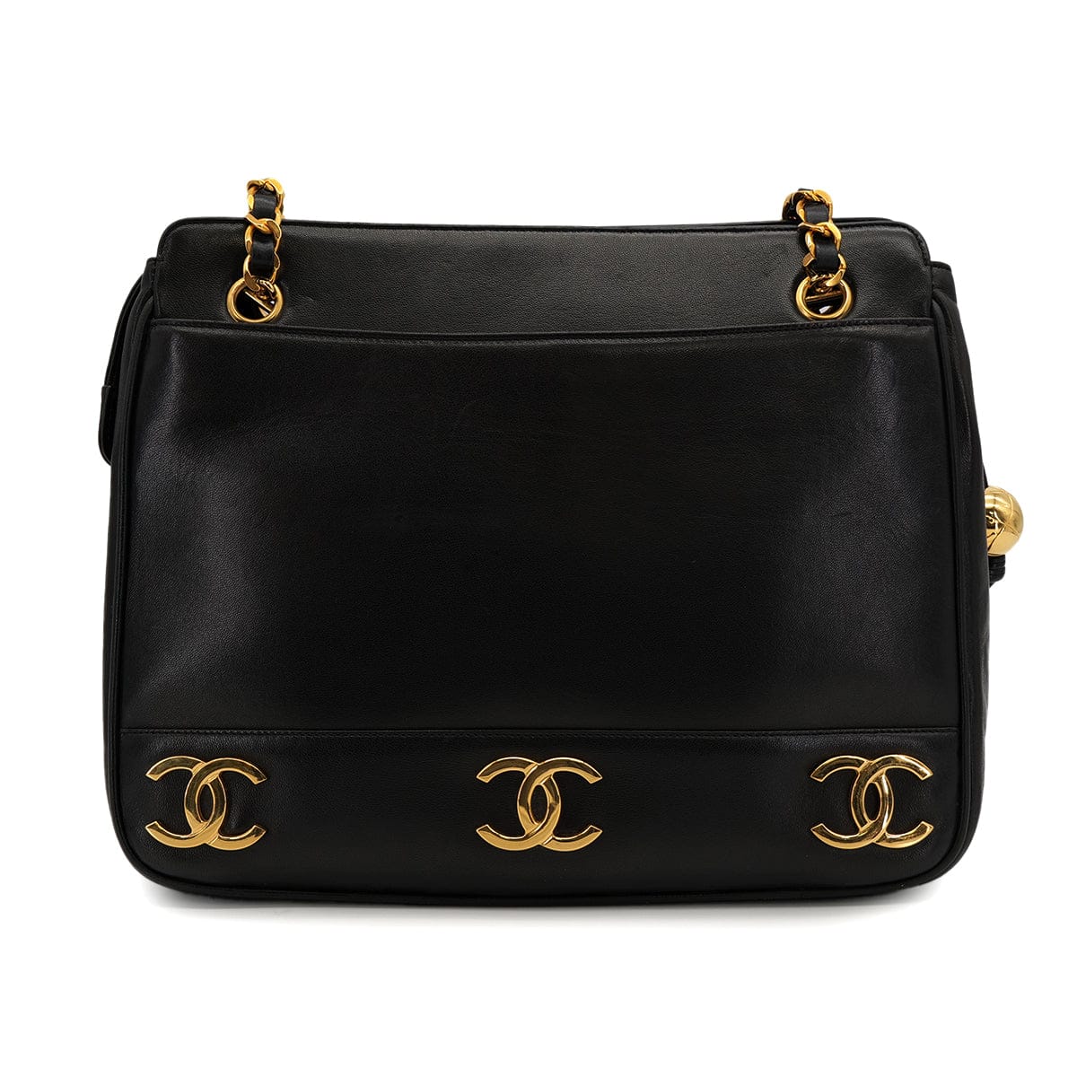CHANEL VINTAGE CHANEL TRIPLE COCO CHAIN SHOULDER BAG BLACK LAMB SKIN GOLD HARDWARE 90324756