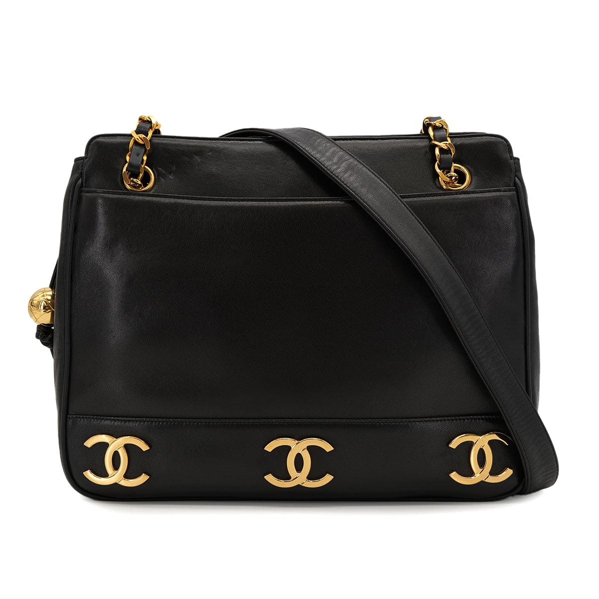 CHANEL VINTAGE CHANEL TRIPLE COCO CHAIN SHOULDER BAG BLACK LAMB SKIN GOLD HARDWARE 90324756