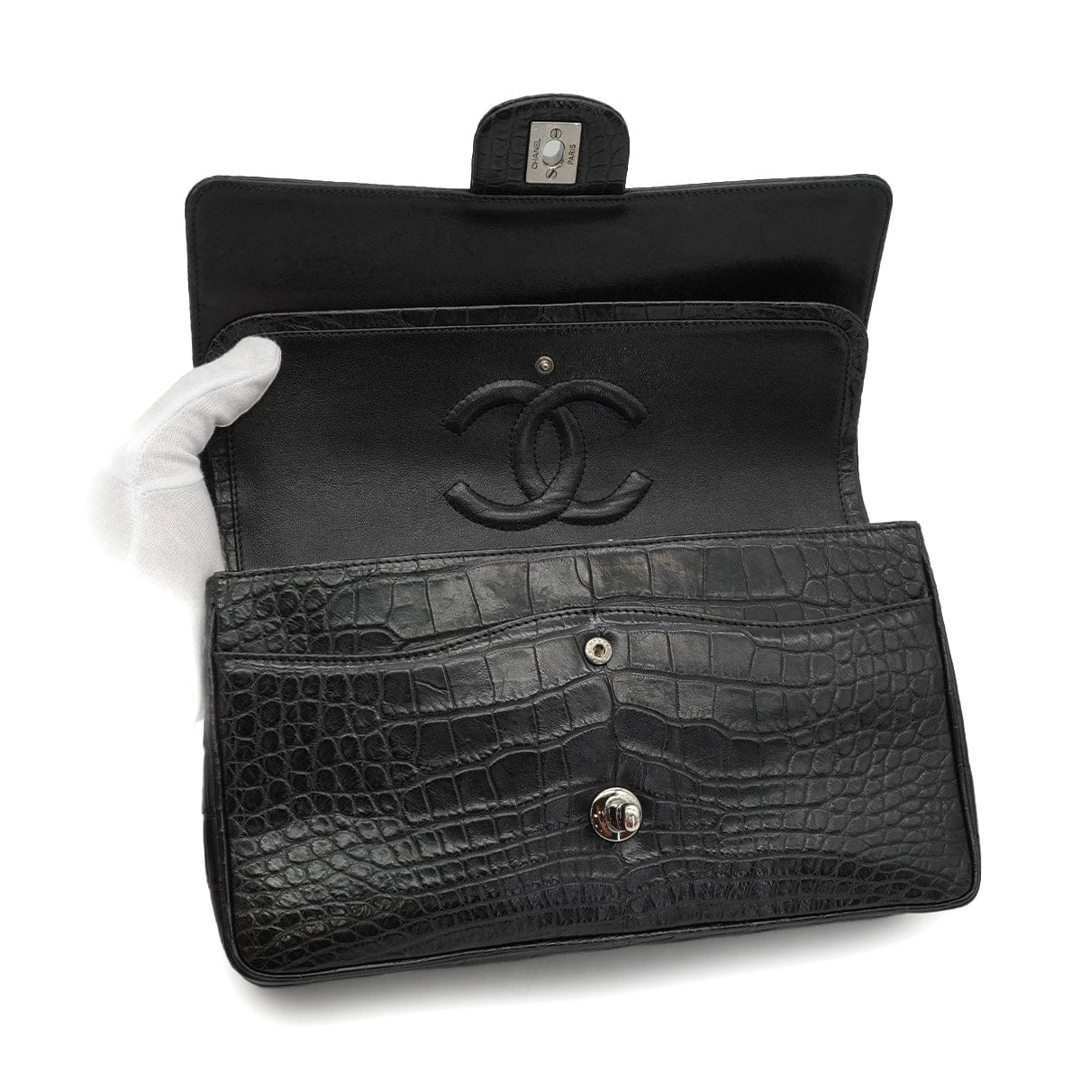 CHANEL VINTEGE CHANEL CLASSIC FLAP MEDIUM CHAIN SHOULDER BAG BLACK CROCODILE SILVER HARDWARE 90340464