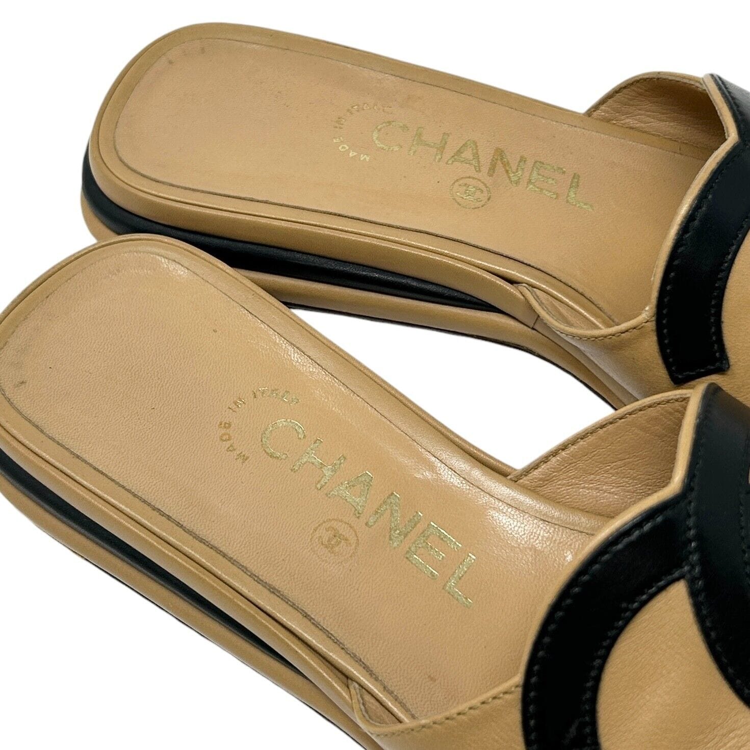 chanel CHANEL Vintage Big CC Mark Logo Sandals #39.5 US 9 Light Brown Leather