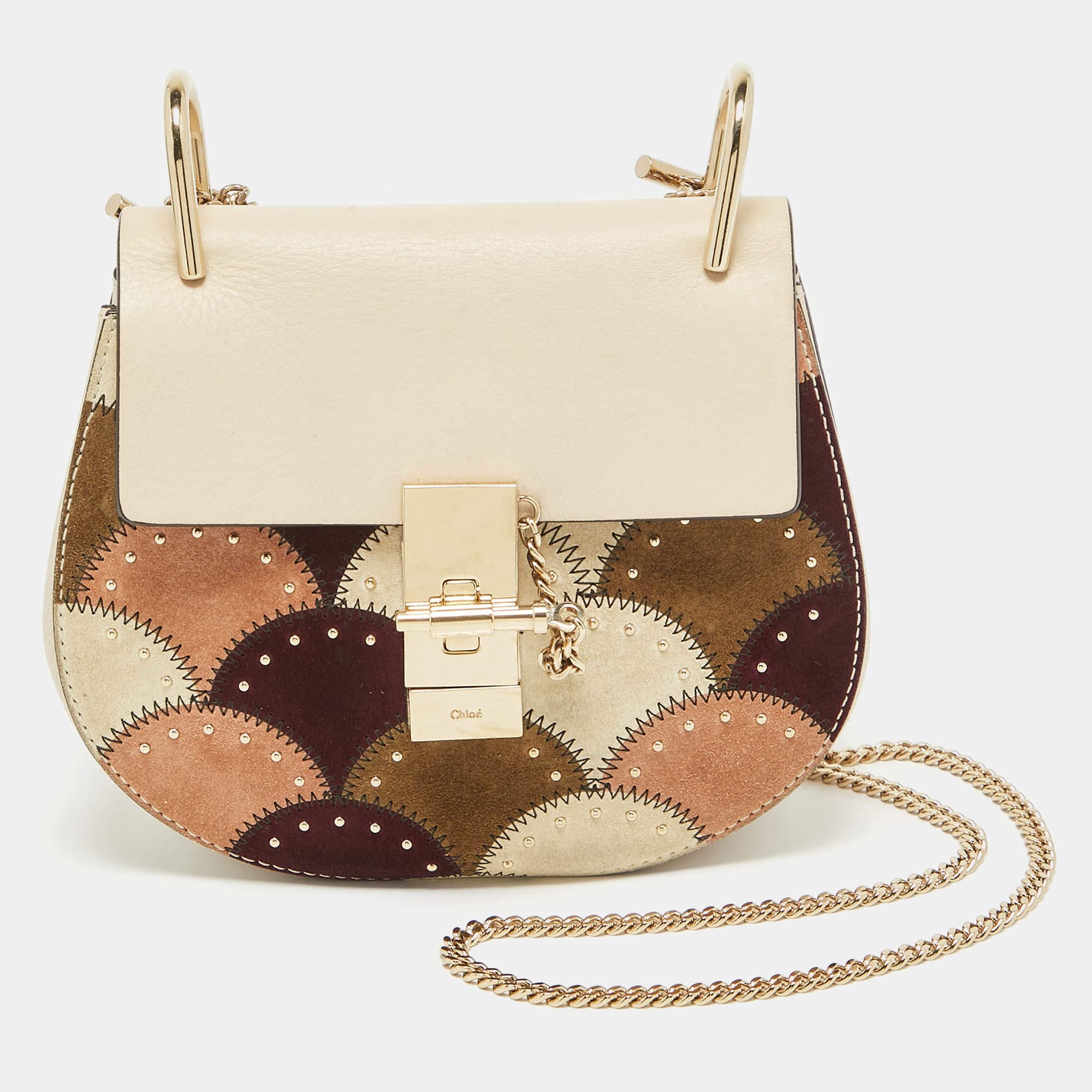 Chloé Chloe Multicolor Leather and Suede Studded Patchwork Small Drew Bag RJC4345