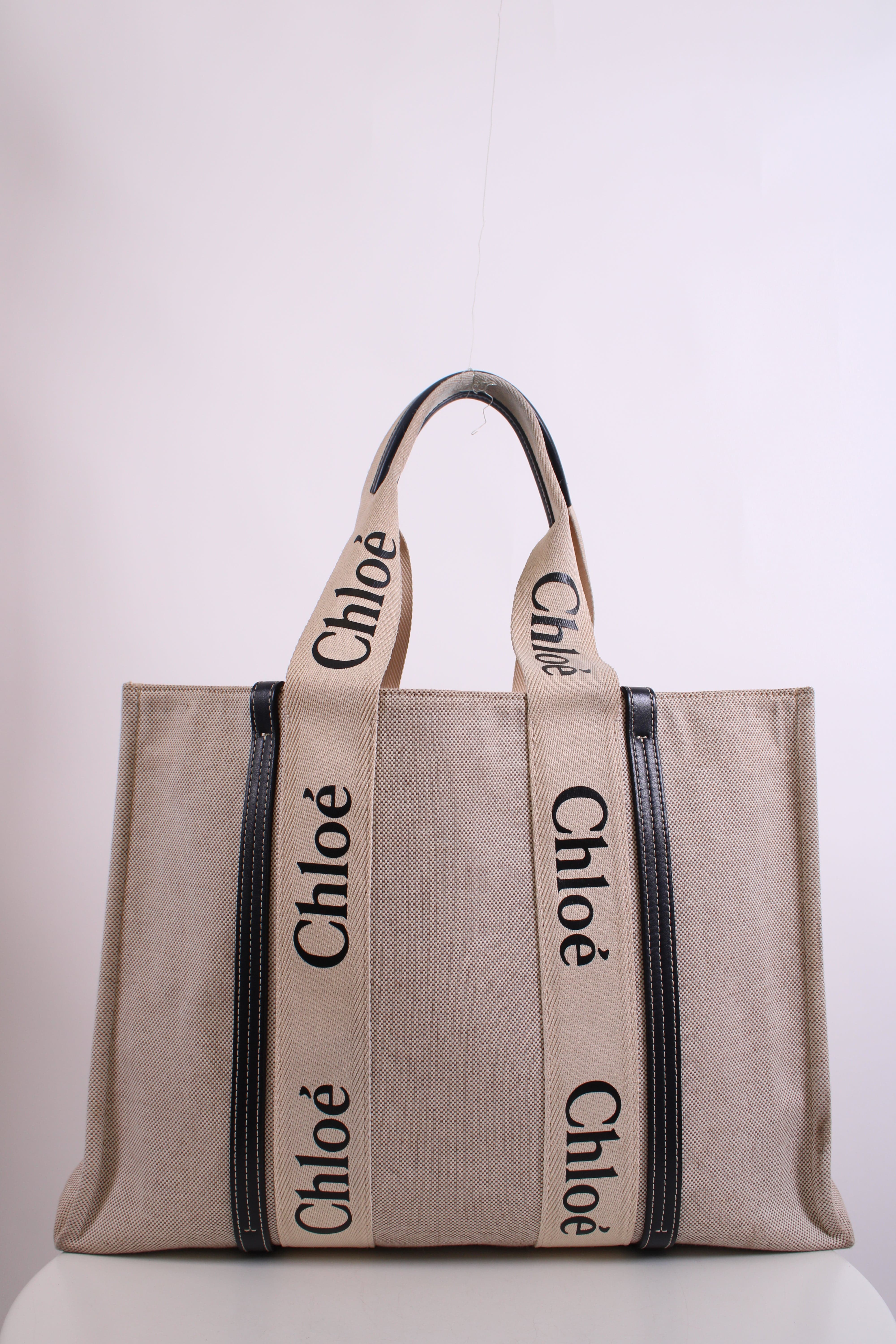 Chloe Chloe Woody Logo Canvas Tote Bag Beige Large