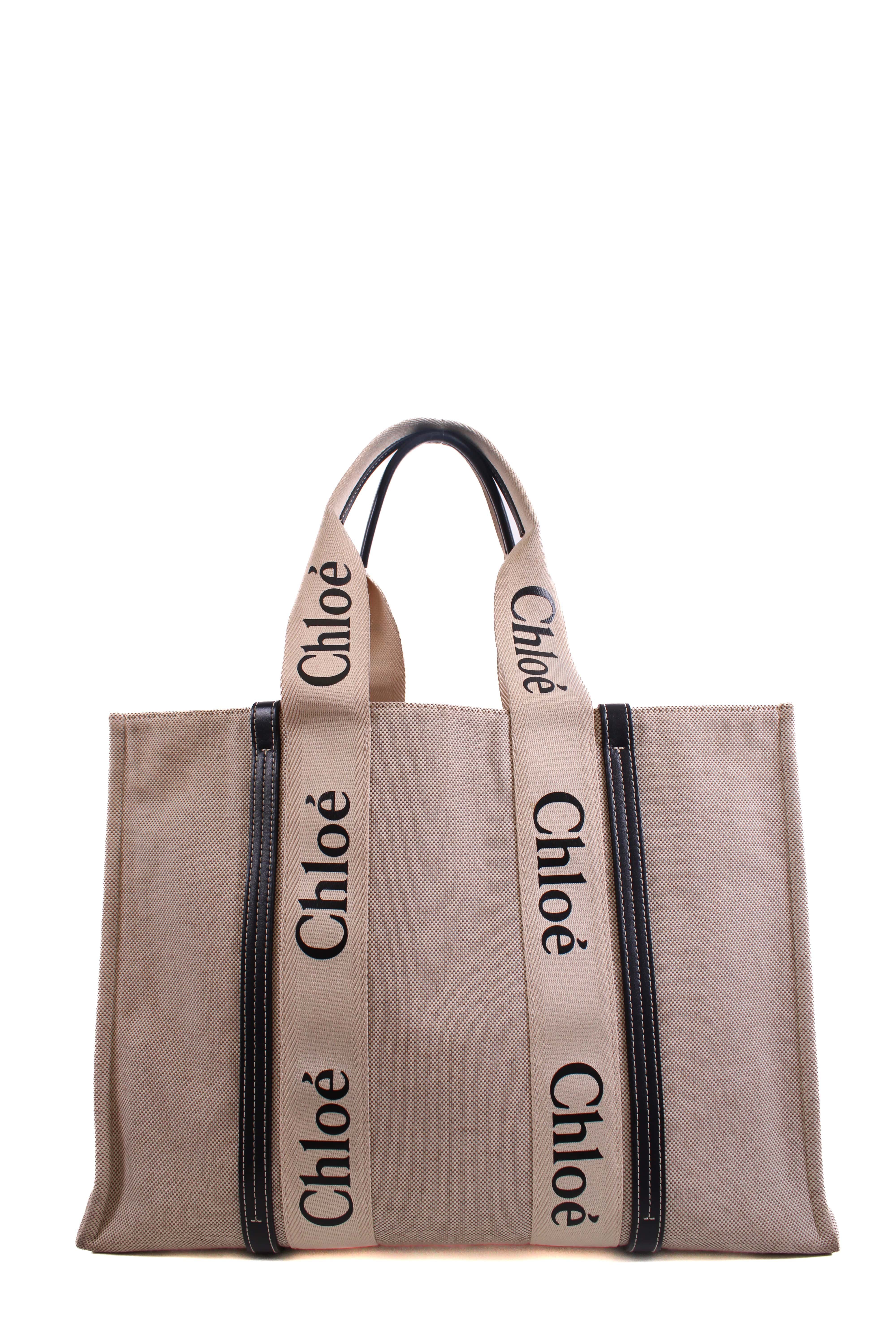 Chloe Chloe Woody Logo Canvas Tote Bag Beige Large