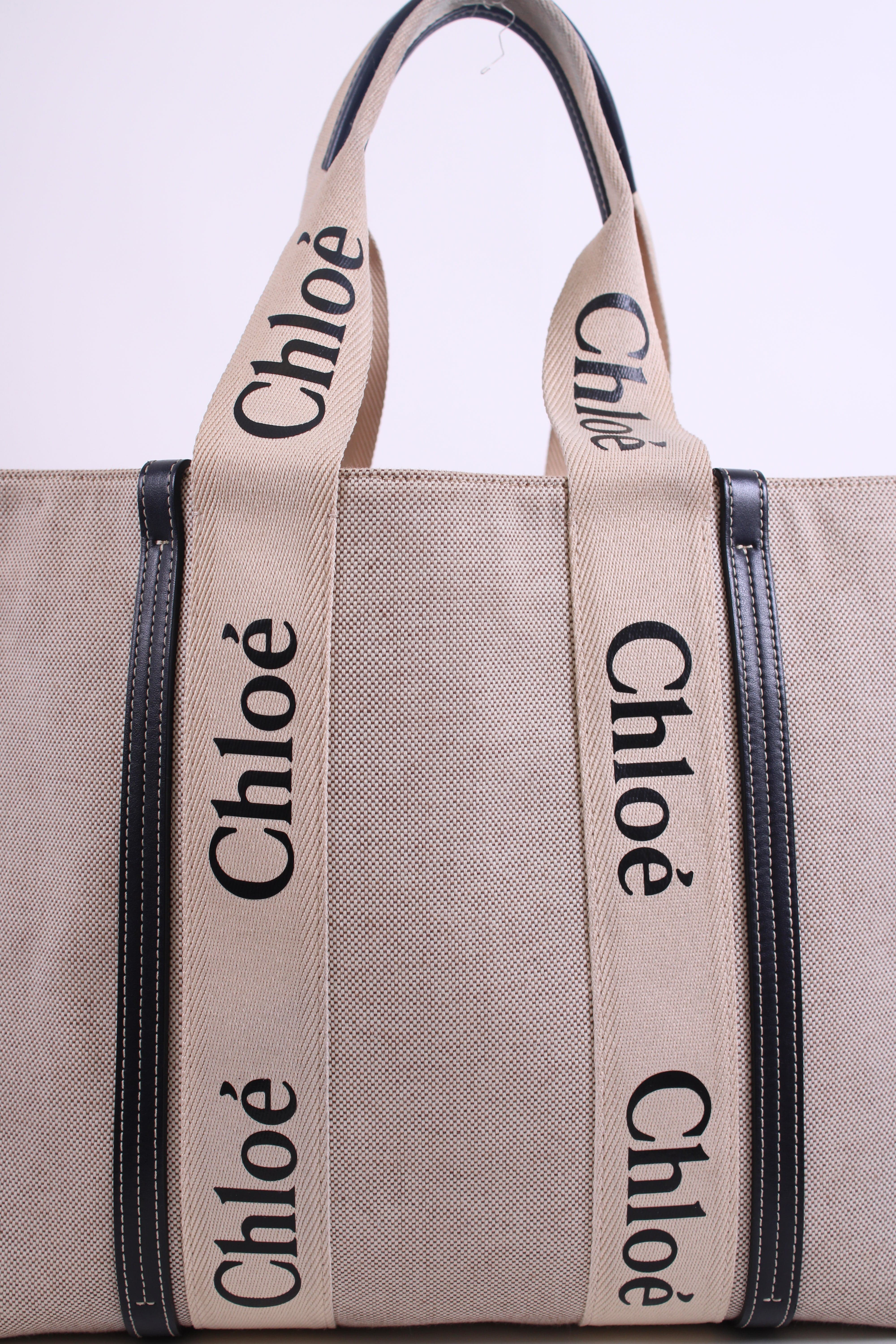 Chloe Chloe Woody Logo Canvas Tote Bag Beige Large