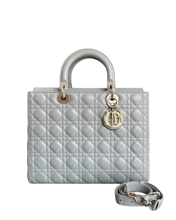Christian Dior DIOR LADY LARGE FLAP - CANANGE LAMBSKIN HAZE BLUE GRAY GOLD HARDWARE SYCMDA119