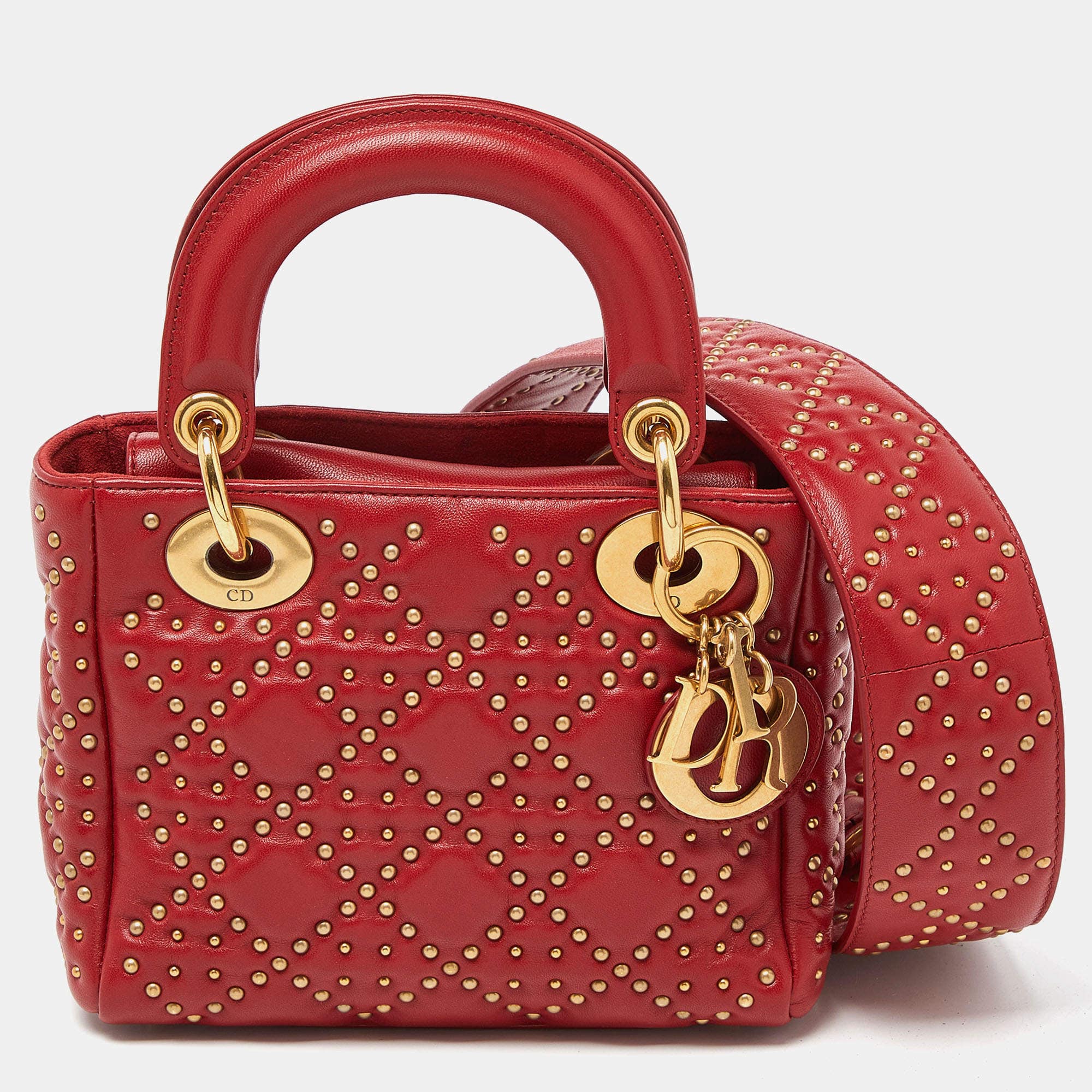 Christian Dior Dior Red Leather Mini Studded Supple Lady Dior Tote RJC4391